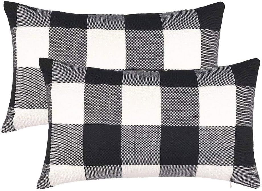 Black and White Buffalo Check Plaid Polyester Pillow Covers, 12 x 20 Inches