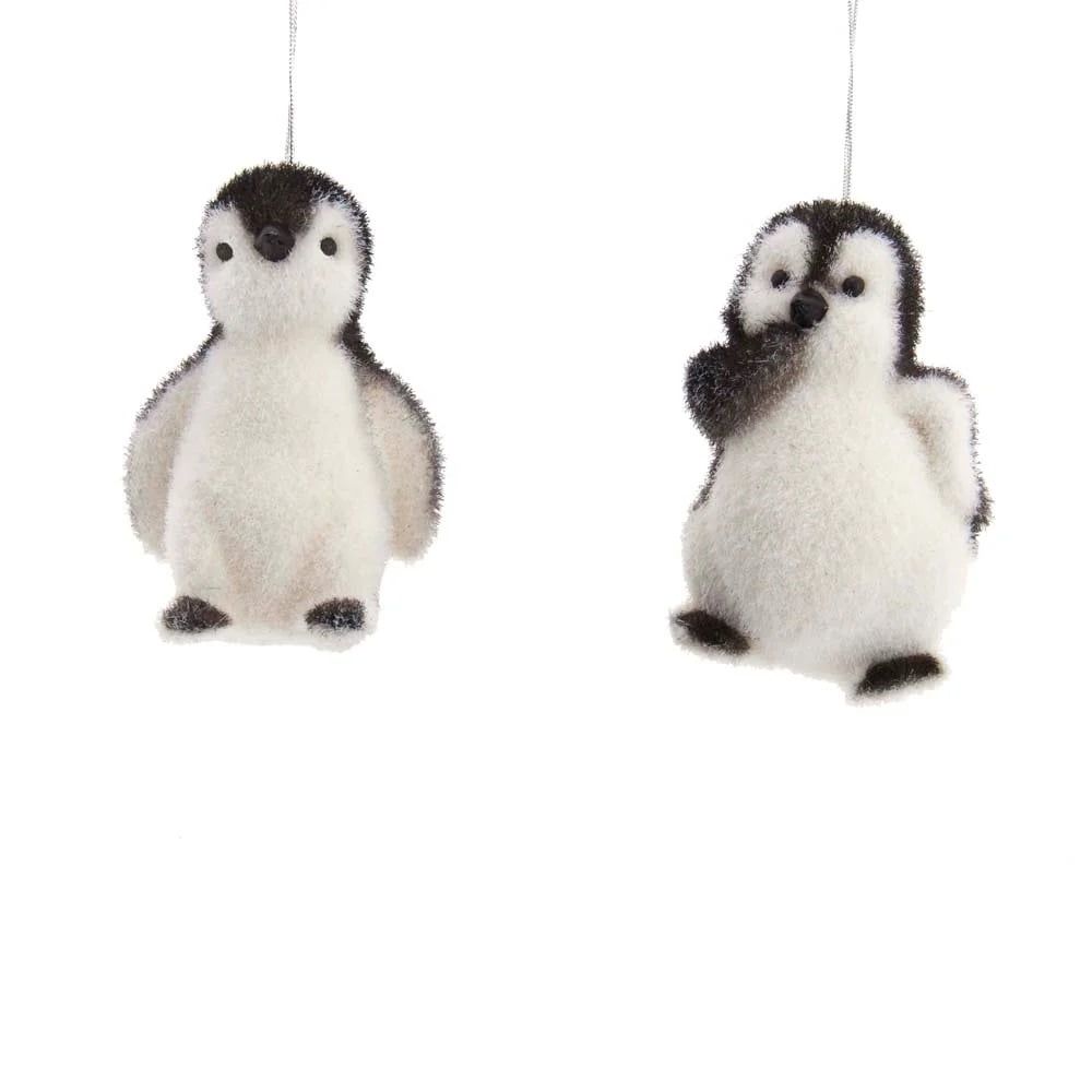 Set of 2 Flocked Black and White Penguin Ornaments