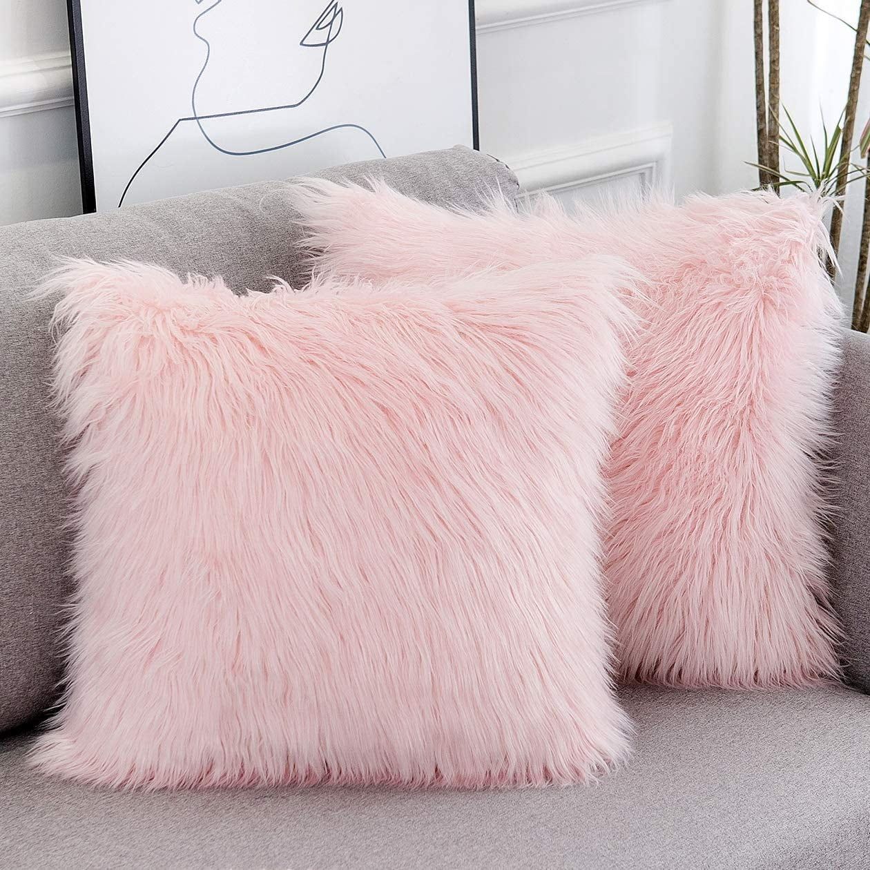 Set of 2 Pink Faux Fur Square Throw Pillows