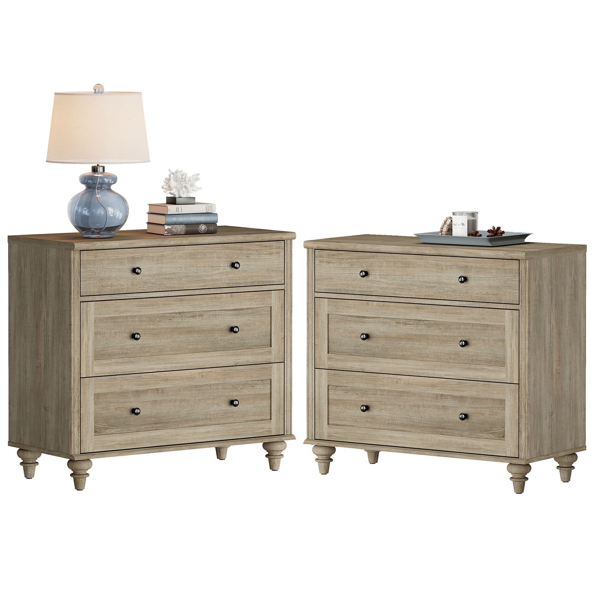 Set of 2 Gray Wash Wood End Tables with Storage Drawers