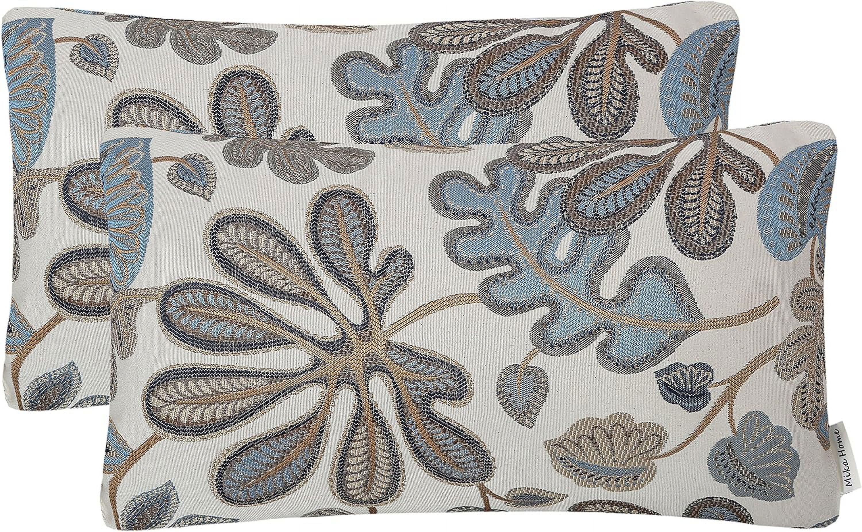 Blue Cream Jacquard Tropical Leaf Rectangular Throw Pillow Covers 12x20 Inches