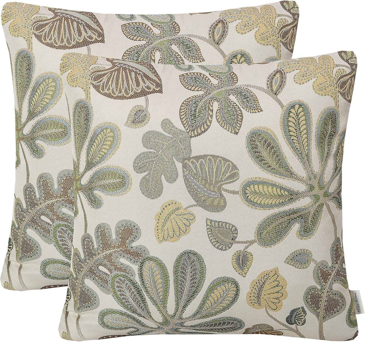 Set of 2 Green Cream Jacquard Tropical Leaf Throw Pillow Covers 20x20 Inches