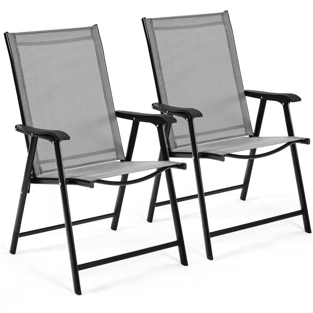 Gray Steel Folding Arm Dining Chairs, Set of 2