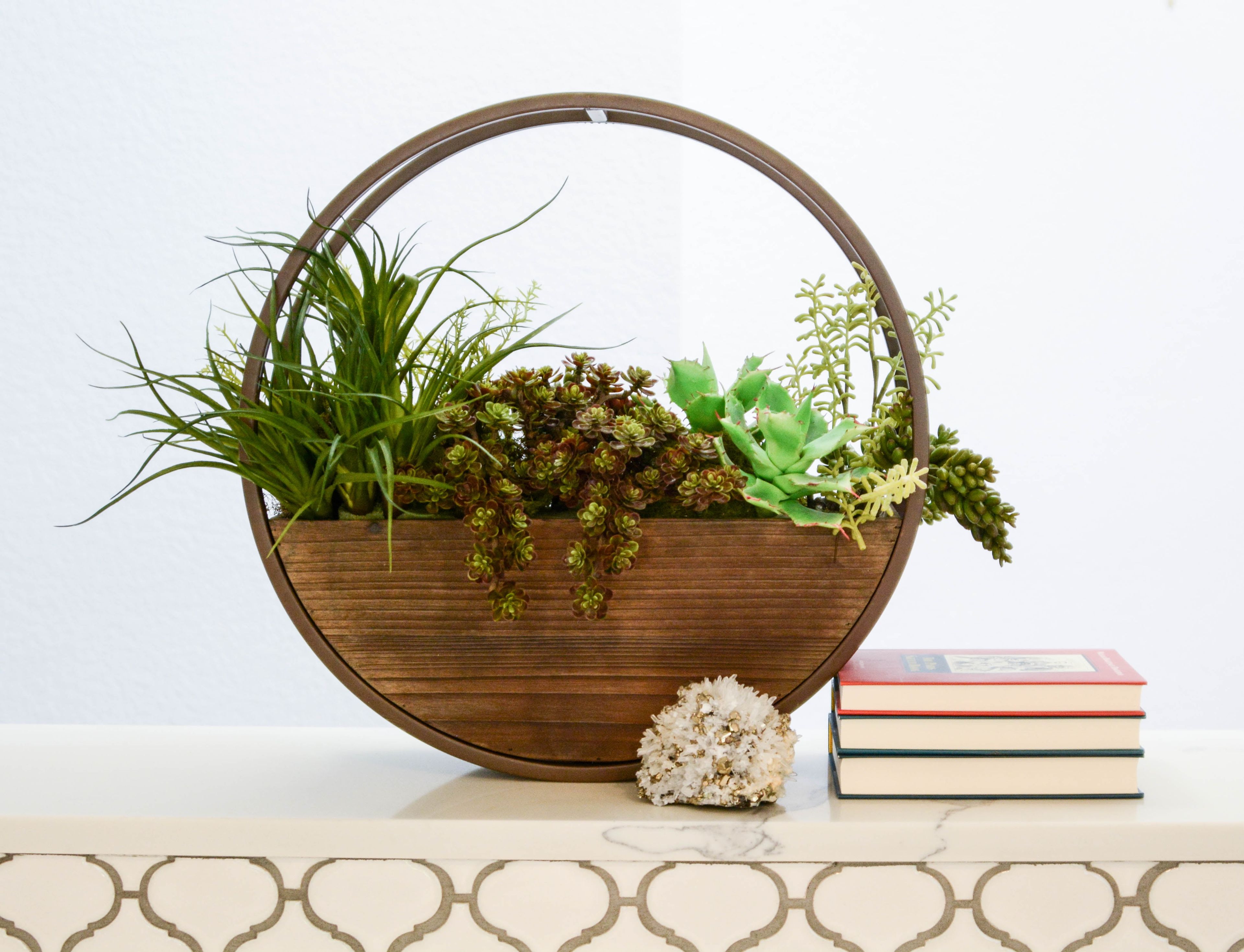 Set of 2 Round Brown Wood and Metal Wall Hanging Planters