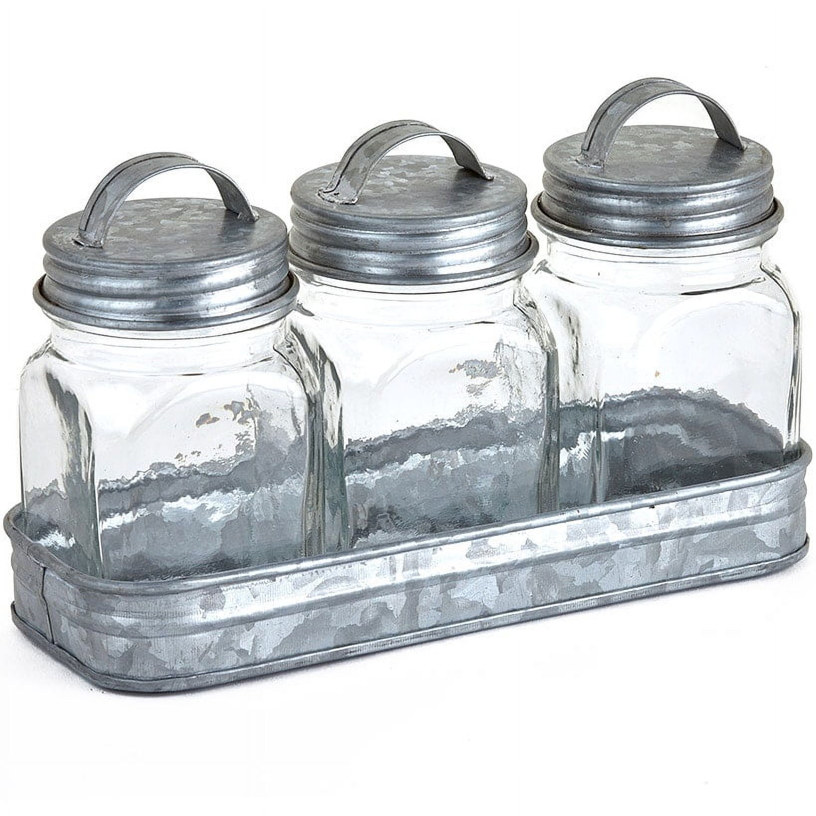 Set of 3 Clear Glass Canisters with Galvanized Metal Tray