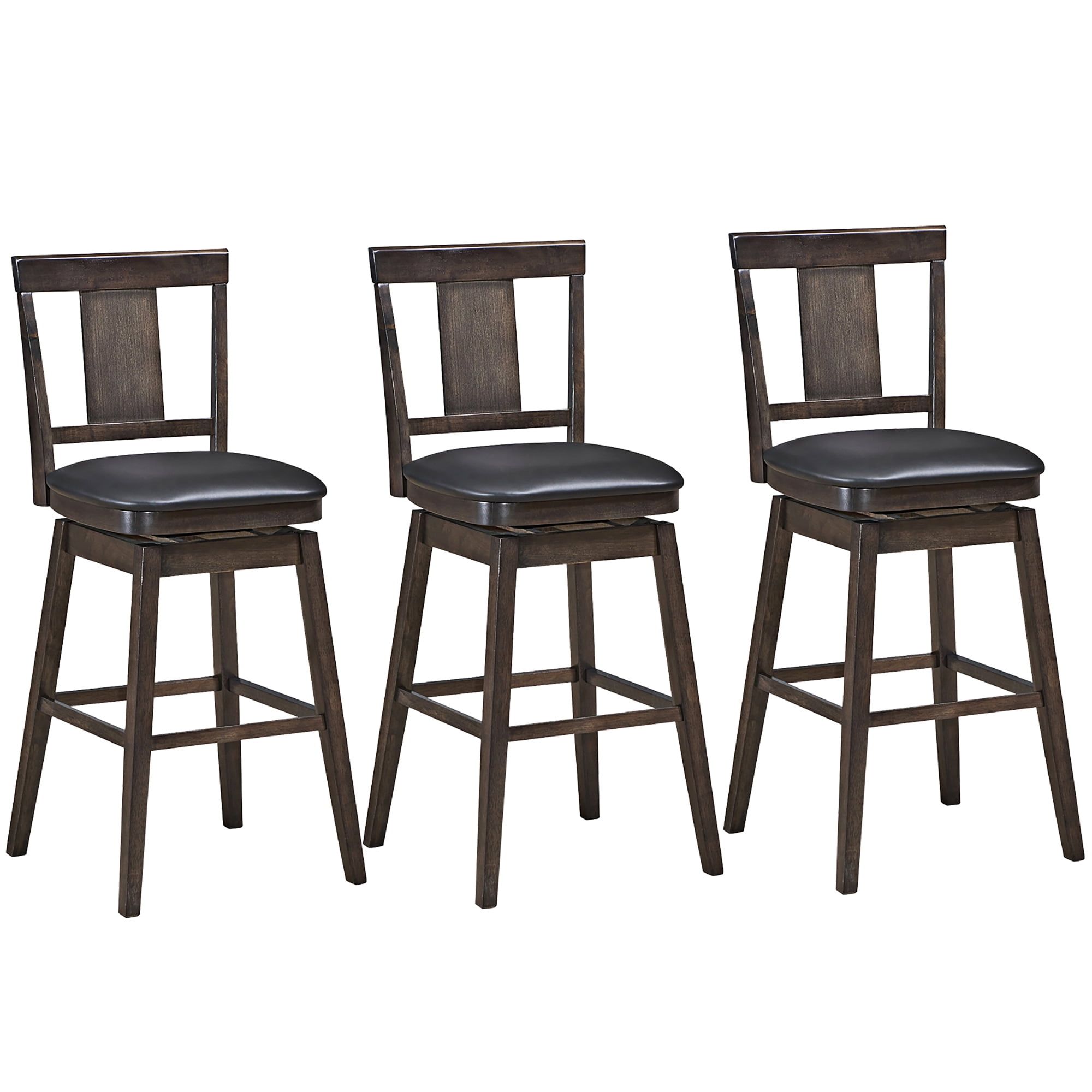 Set of 3 Cozy Swivel Bar Stools with Faux Leather Seat and Wooden Legs