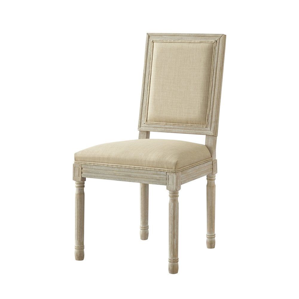 Beige Linen Upholstered Side Chair with Wood Legs