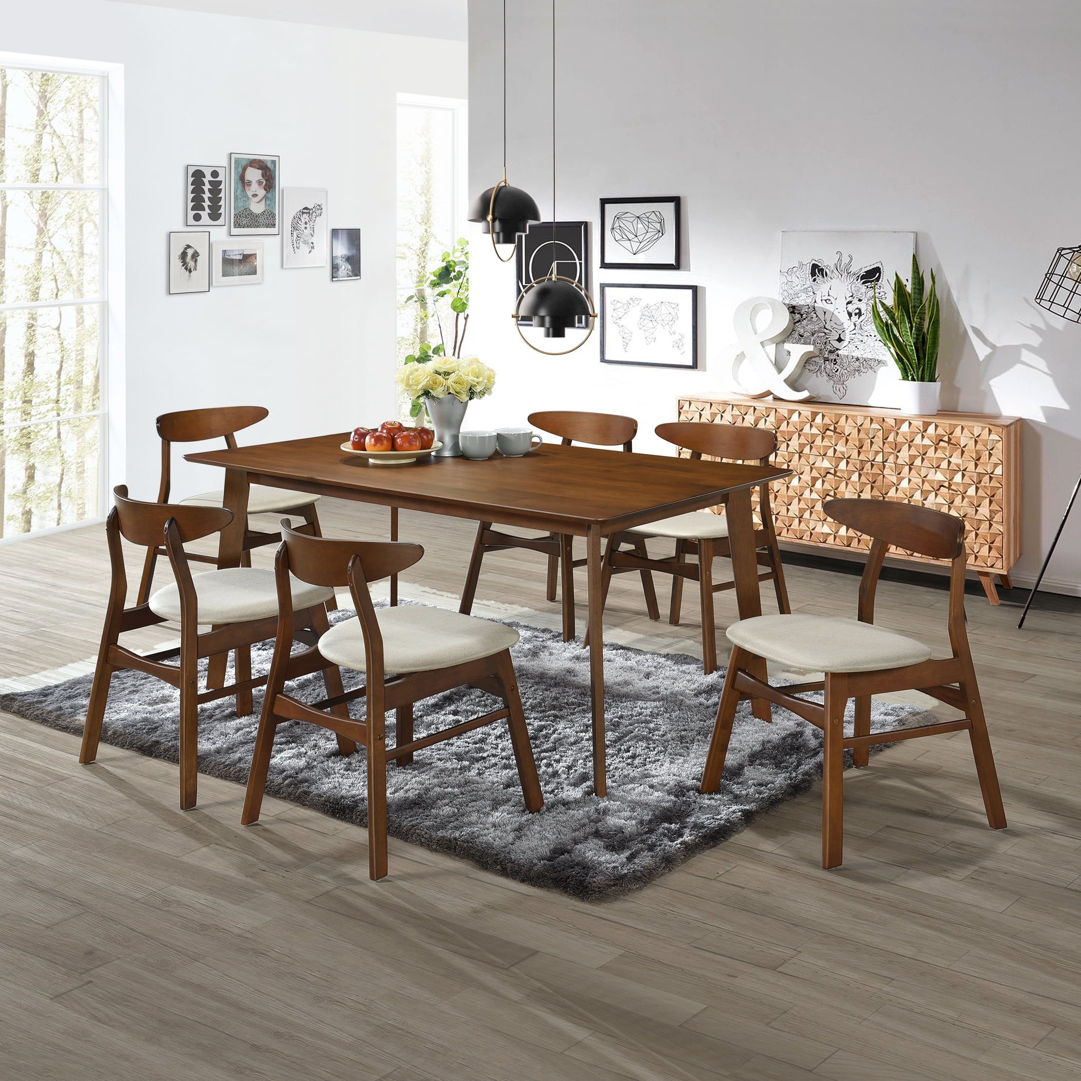 Hollencrest Walnut 7-Piece Dining Set with Beige Upholstered Seats