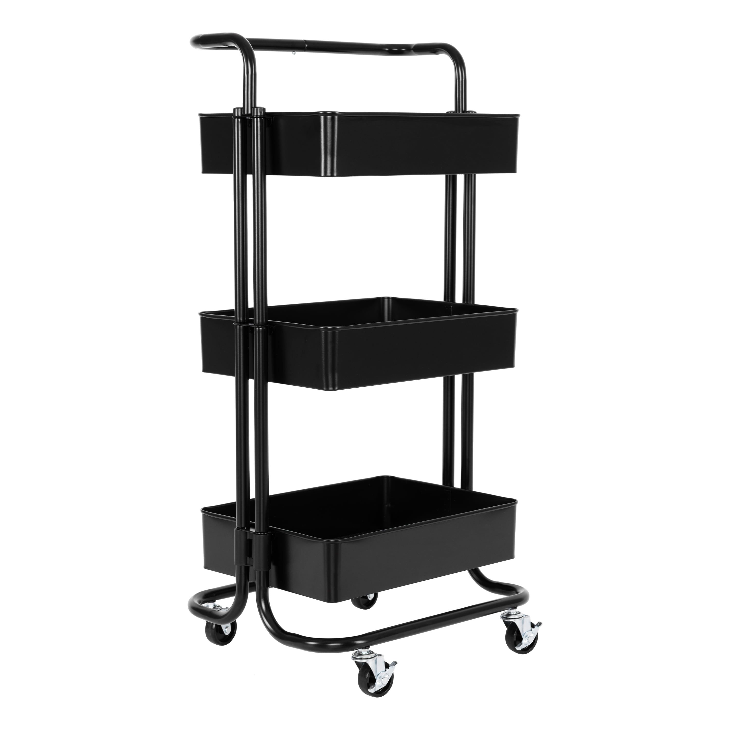 Black 3-Tier Metal Rolling Storage Utility Cart with Handle