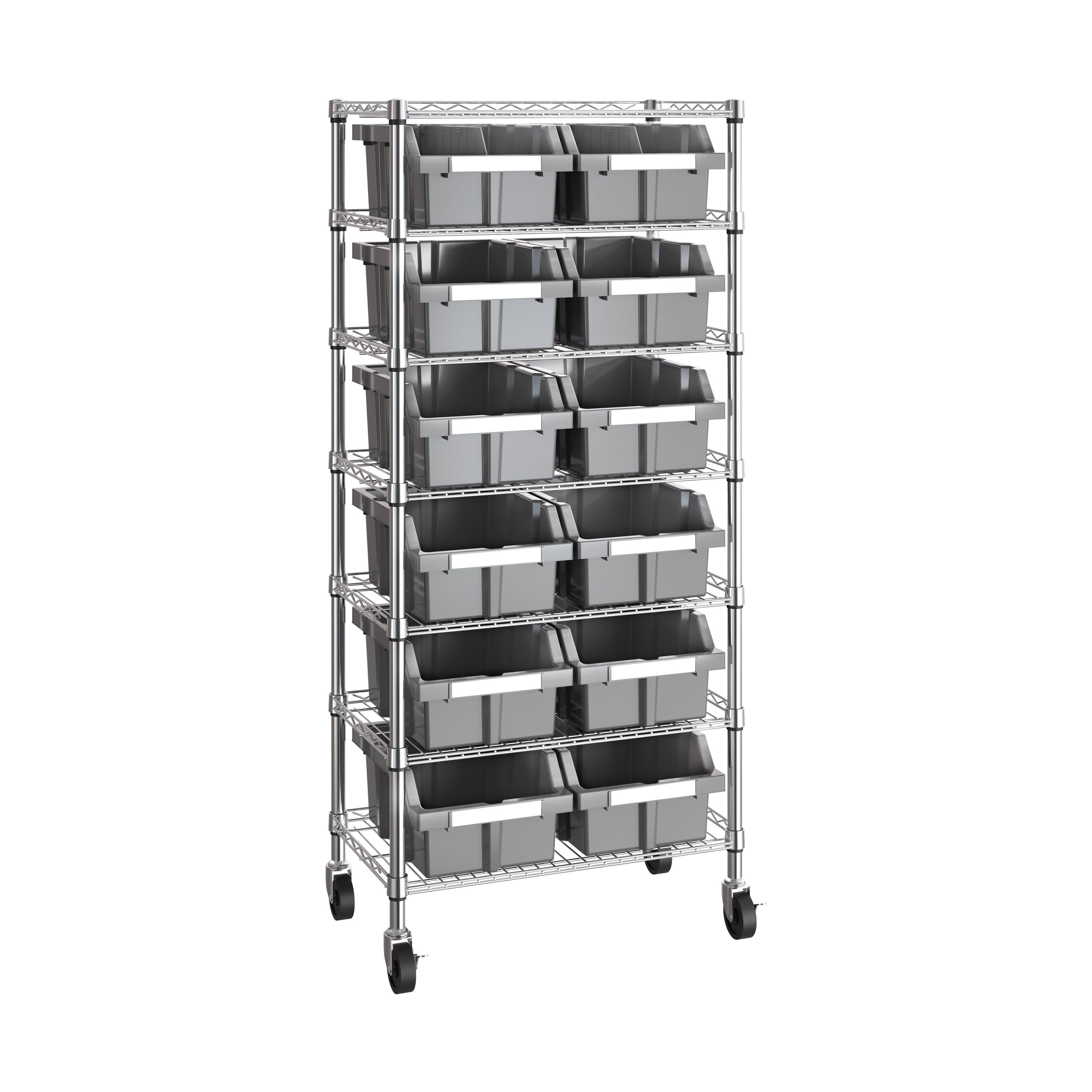 Gray 7-Tier Steel Wire Shelving Unit with 12 Bins