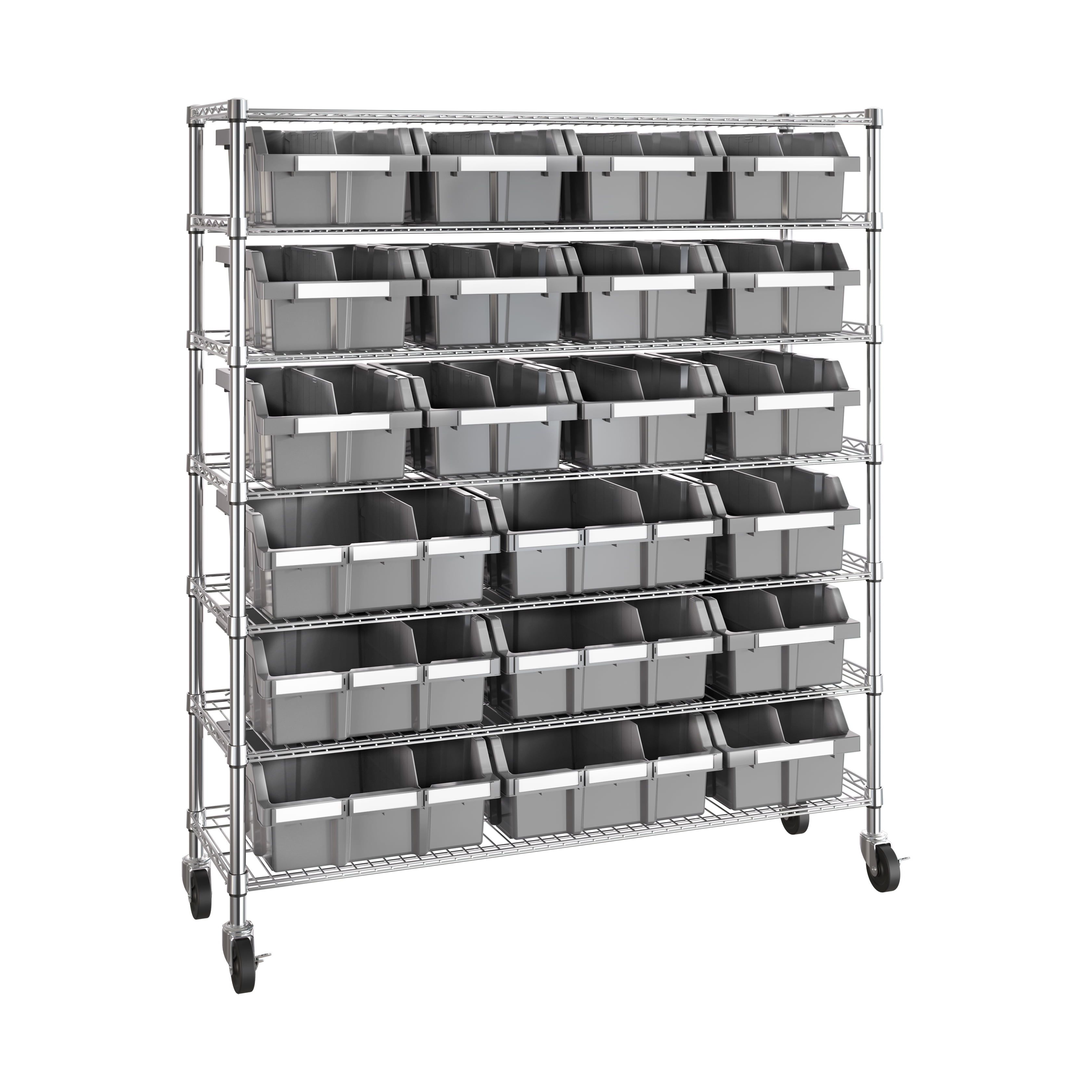 Extra-Wide Gray Steel 7-Tier Bin Rack with 21 Bins