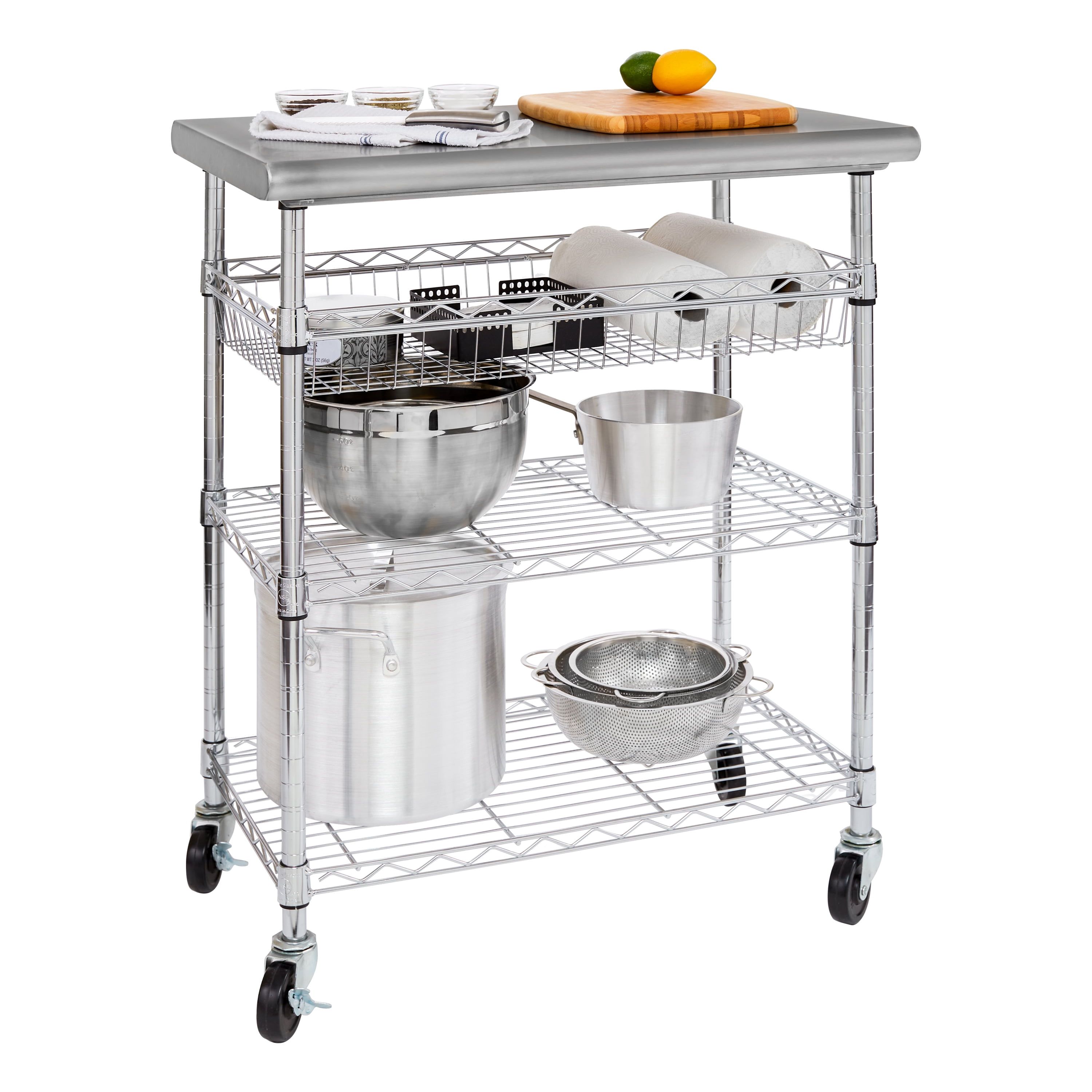 Stainless Steel Kitchen Cart with Adjustable Shelves and Wheels