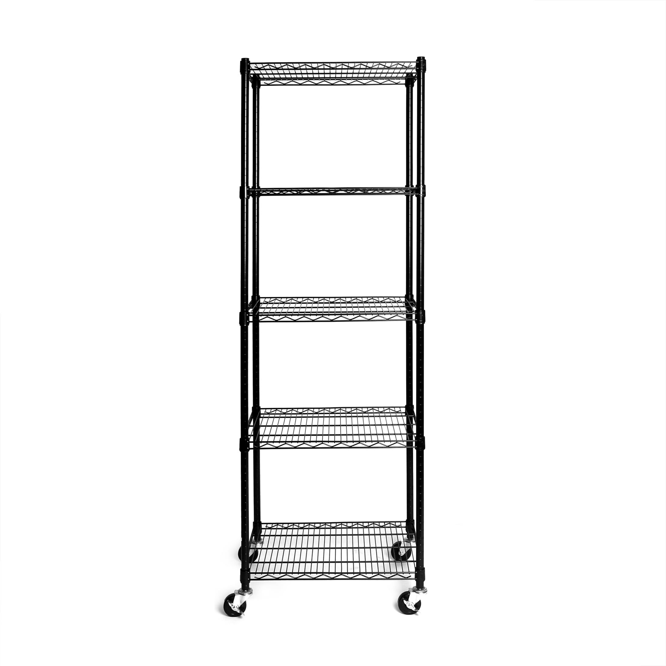 Black Adjustable 5-Tier Steel Wire Shelving Unit with Wheels