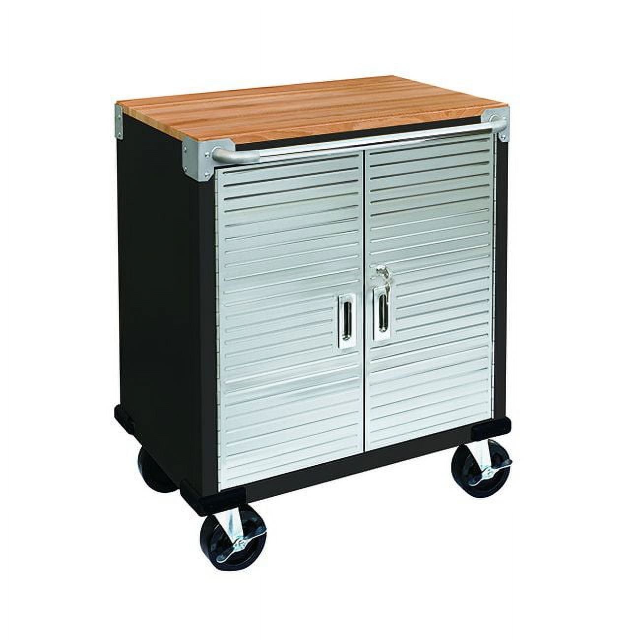 Graphite Steel Rolling Cabinet with Hardwood Top and Lockable Doors