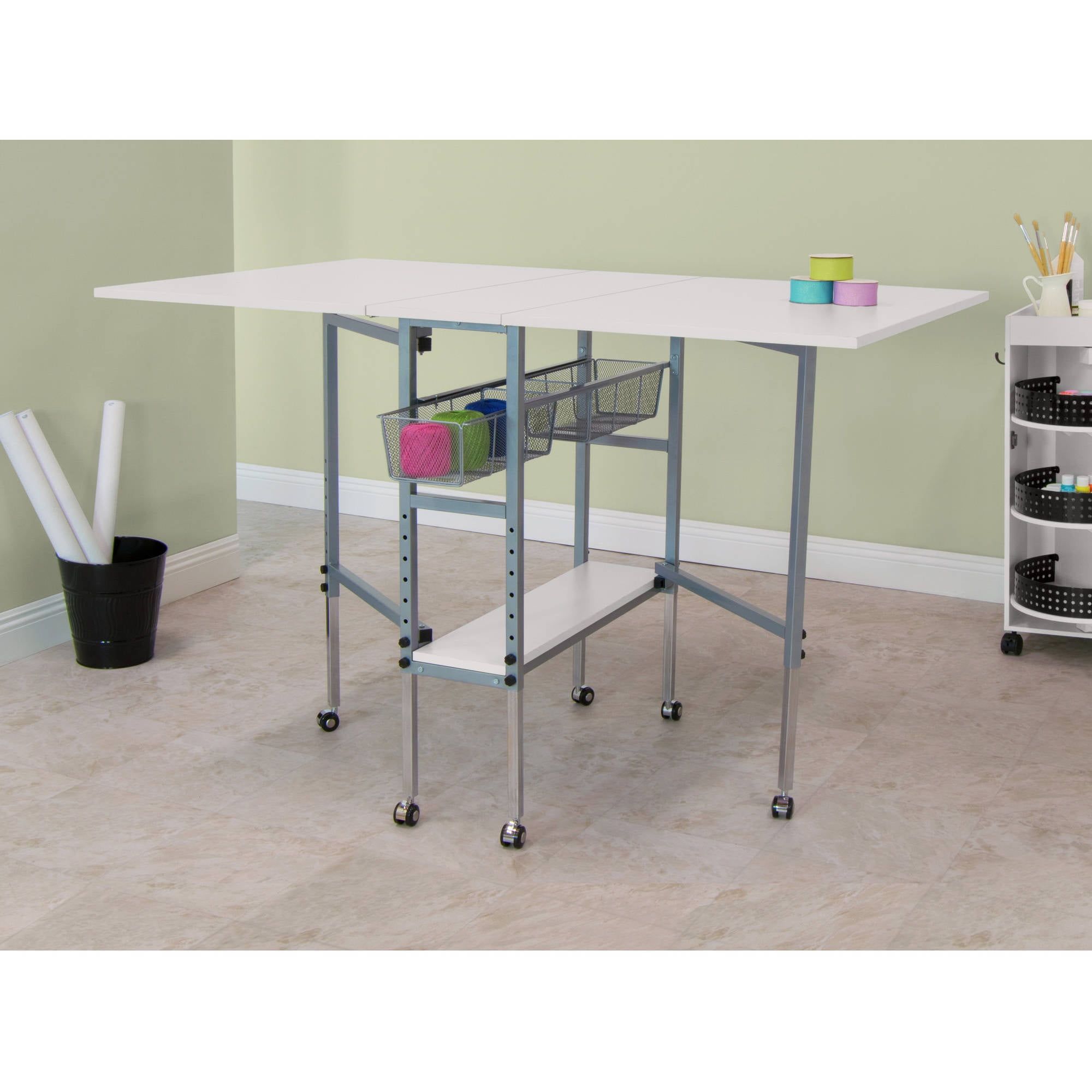 Adjustable White and Silver Folding Craft Table with Storage