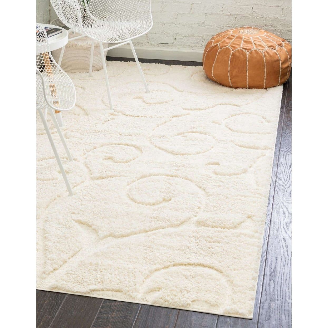 Ivory Floral Carved Shag Rectangular Area Rug 5' x 8'