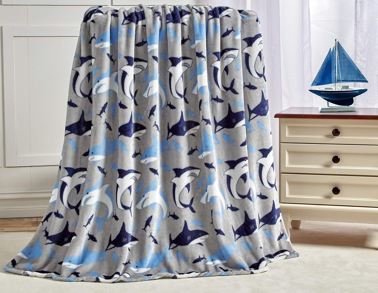 Blue and Gray Shark Fleece Baby Throw Blanket 50" x 60"