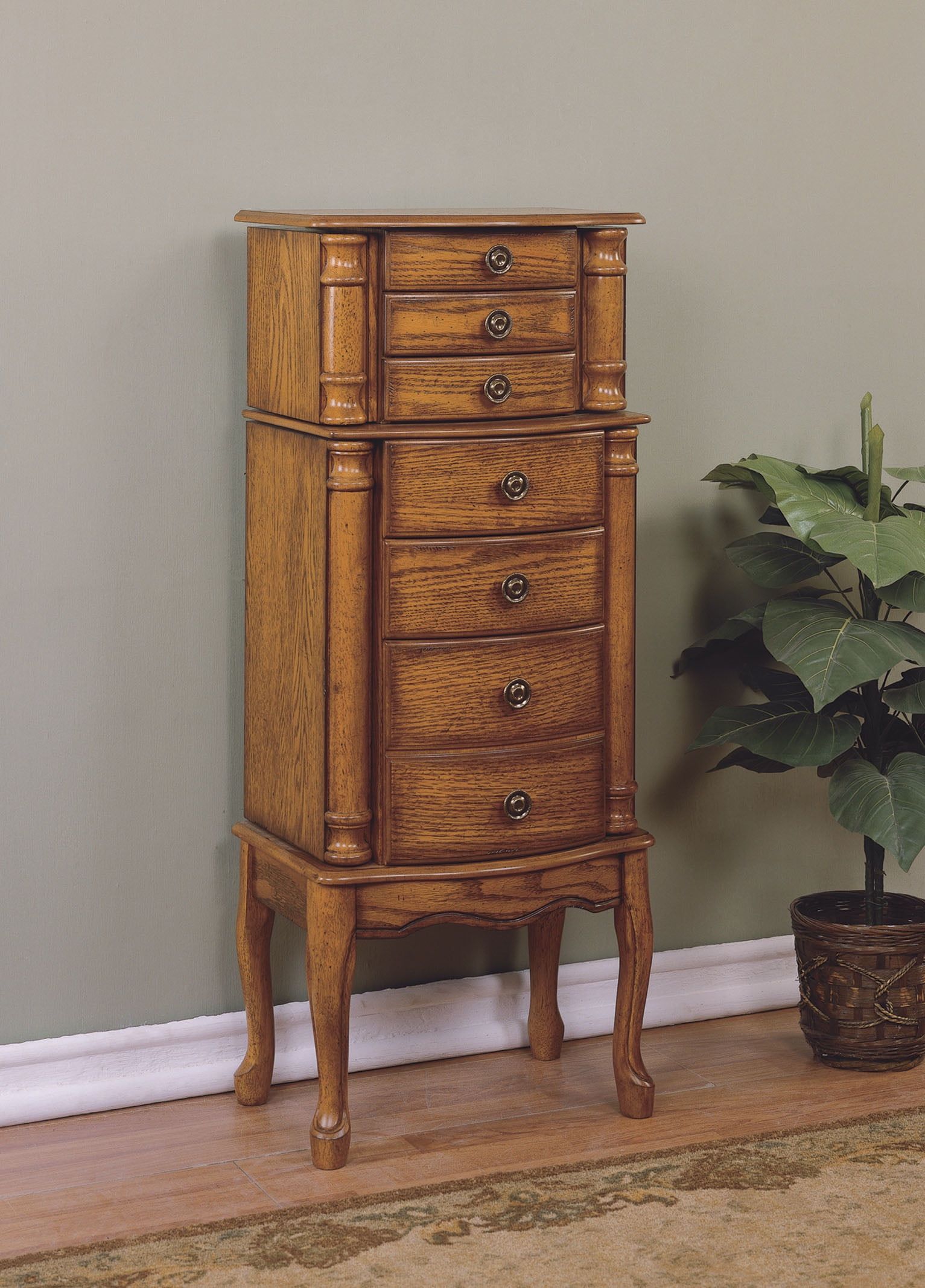 Distressed Oak Jewelry Armoire with Mirror and Black Lining