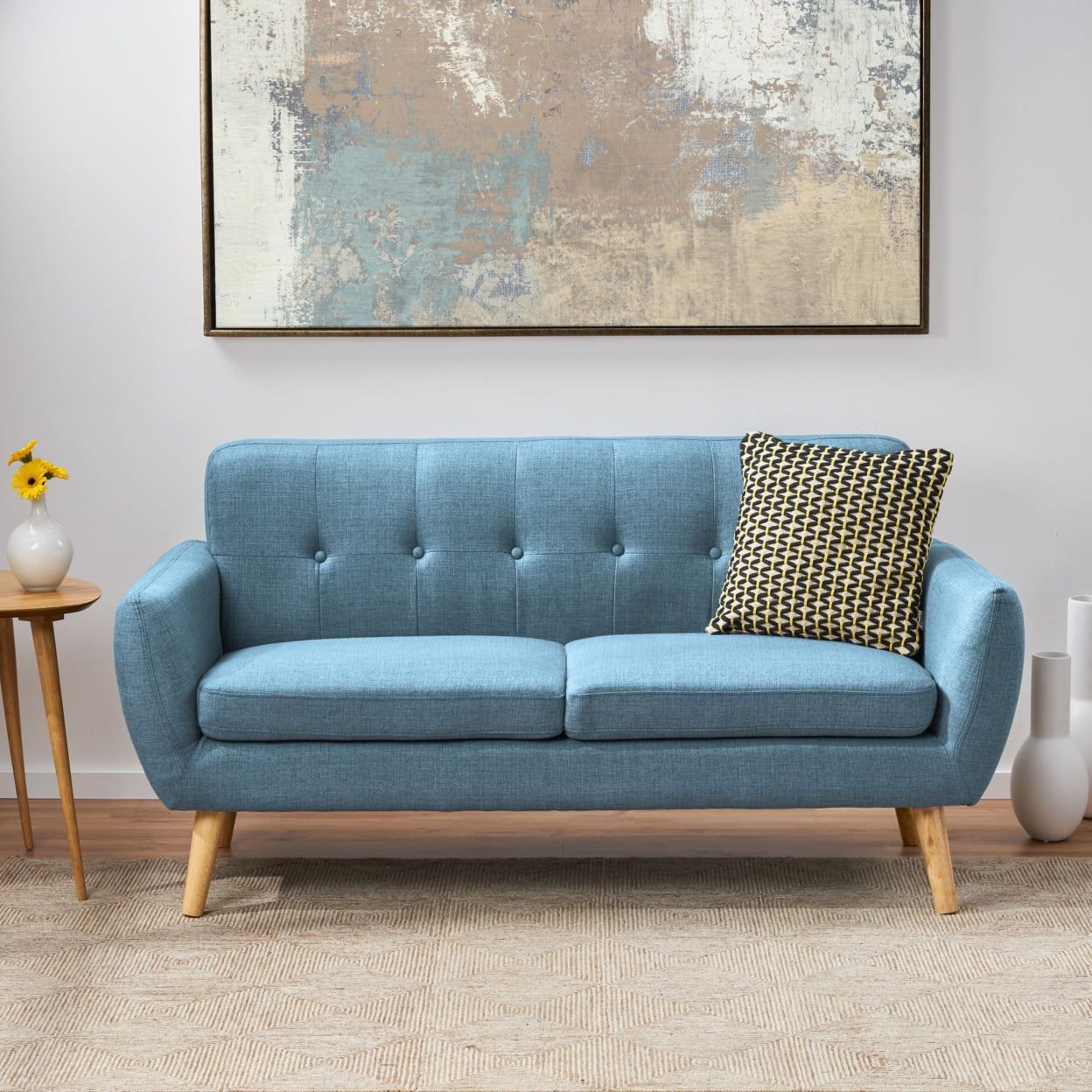 Mid-Century Blue Tufted Fabric Sofa with Wood Legs