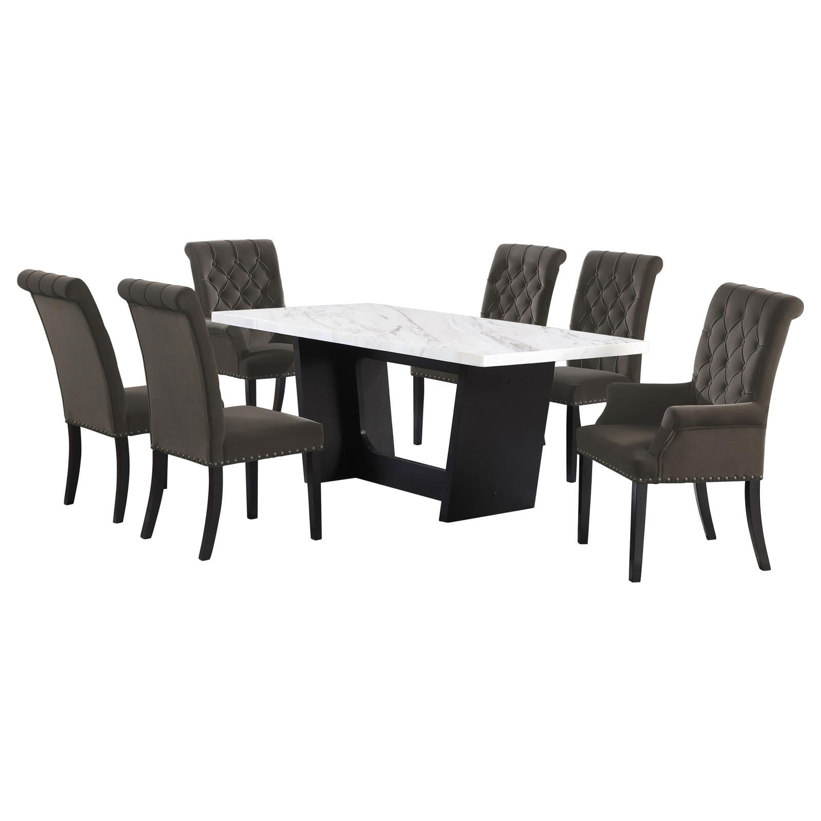 Sherry 7-Piece White Marble Top Dining Set with Brown Velvet Chairs