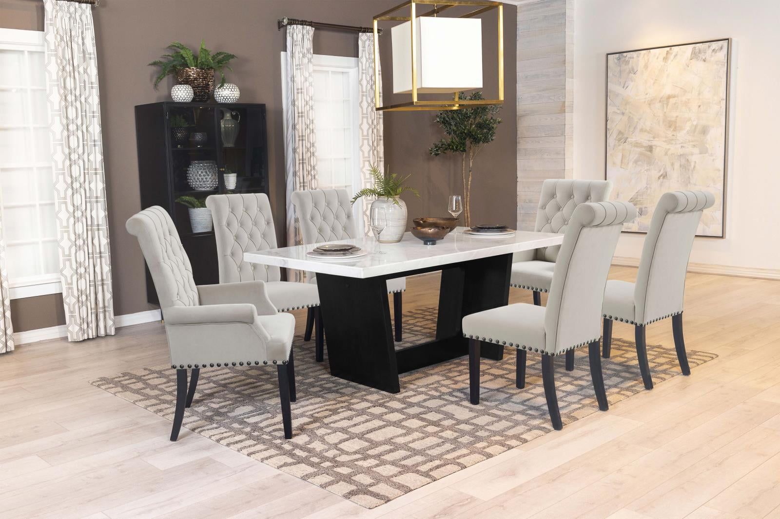 Sherry 7-Piece White Marble Top Dining Set with Sand Velvet Chairs