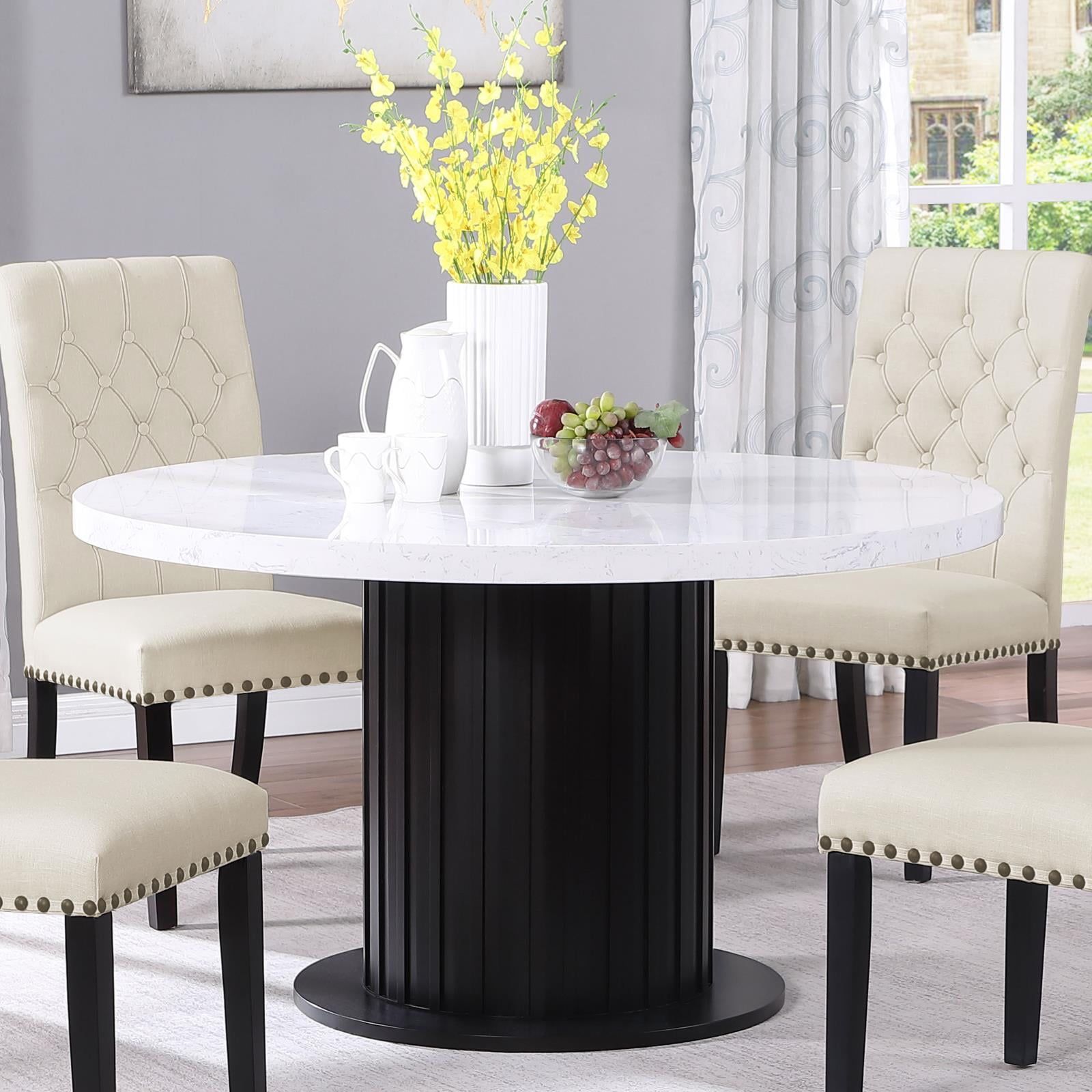 Round Black and White Marble Top Dining Table with Wood Base