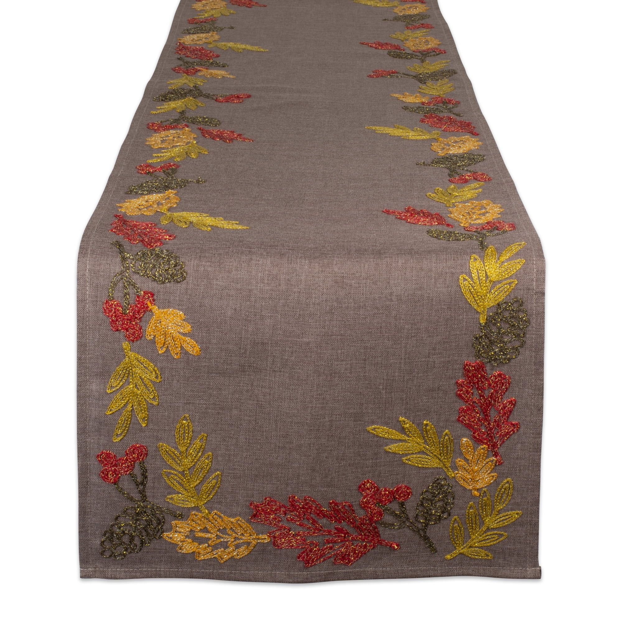 Shimmering Leaves Embroidered Fall Table Runner, 14x108"