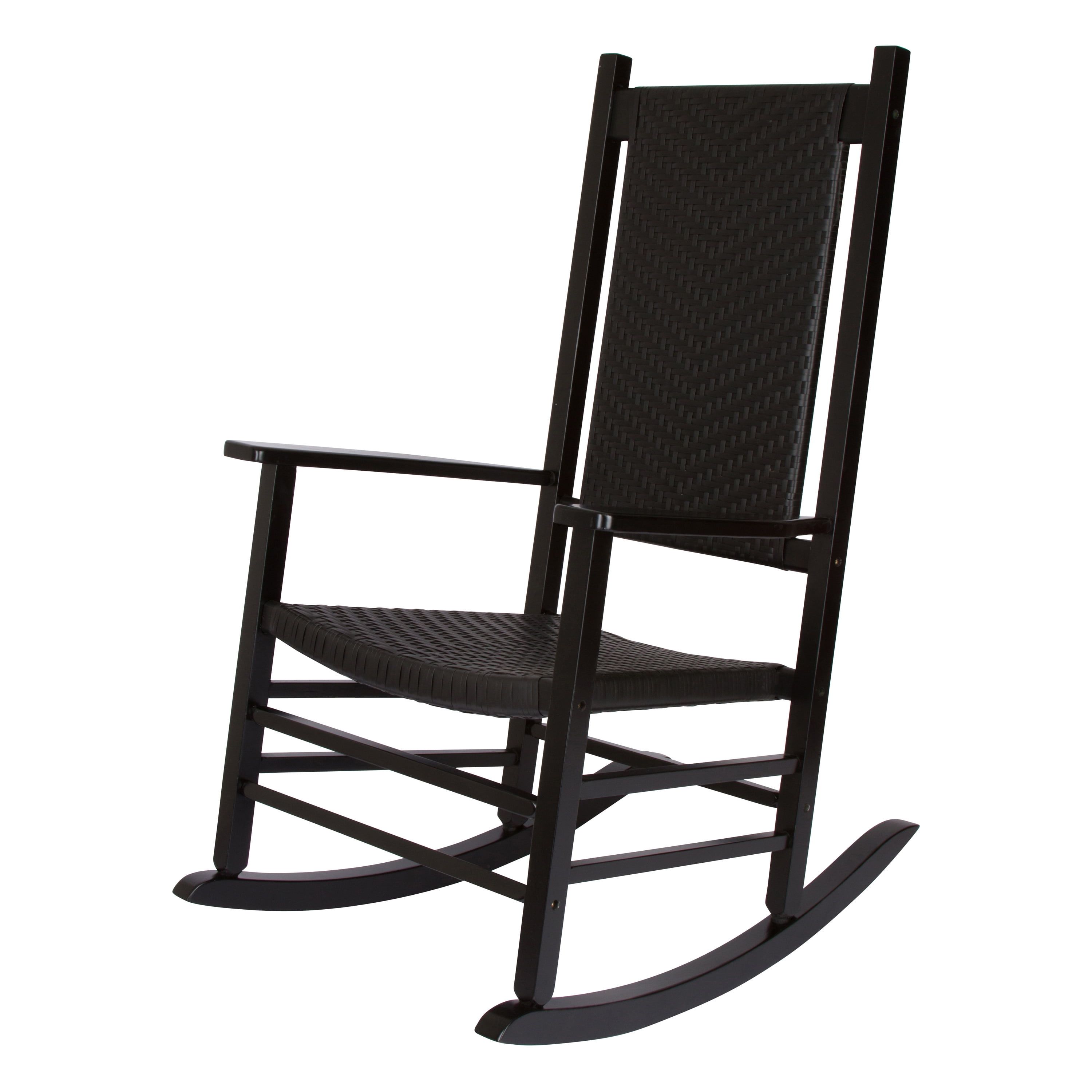 Black Hardwood and Wicker Porch Rocking Chair with Arms