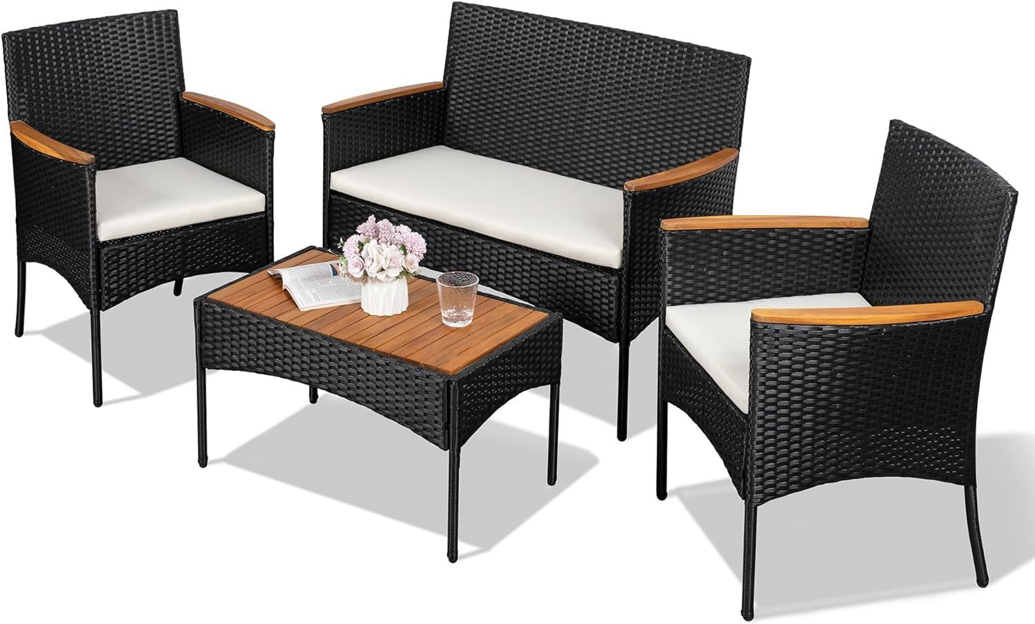 4-Piece Black Wicker Patio Furniture Set with Beige Cushions and Wooden Tabletop