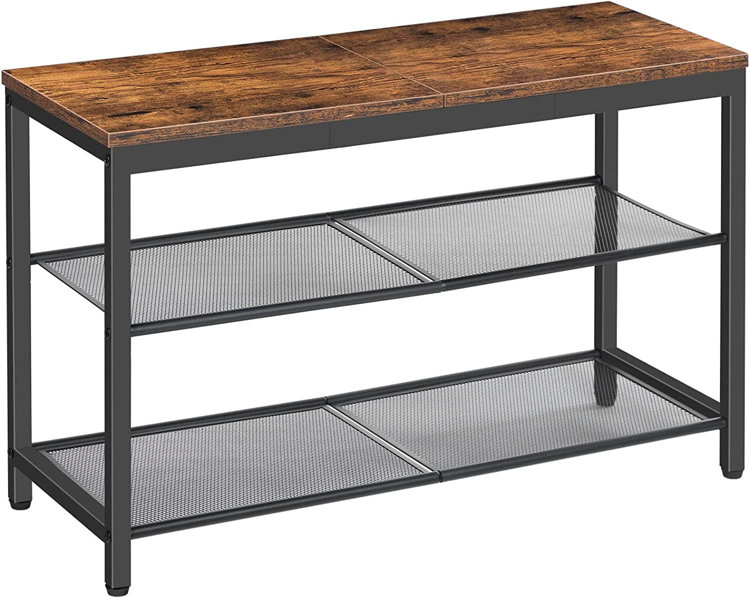 Rustic Brown and Black 3-Tier Industrial Shoe Storage Bench