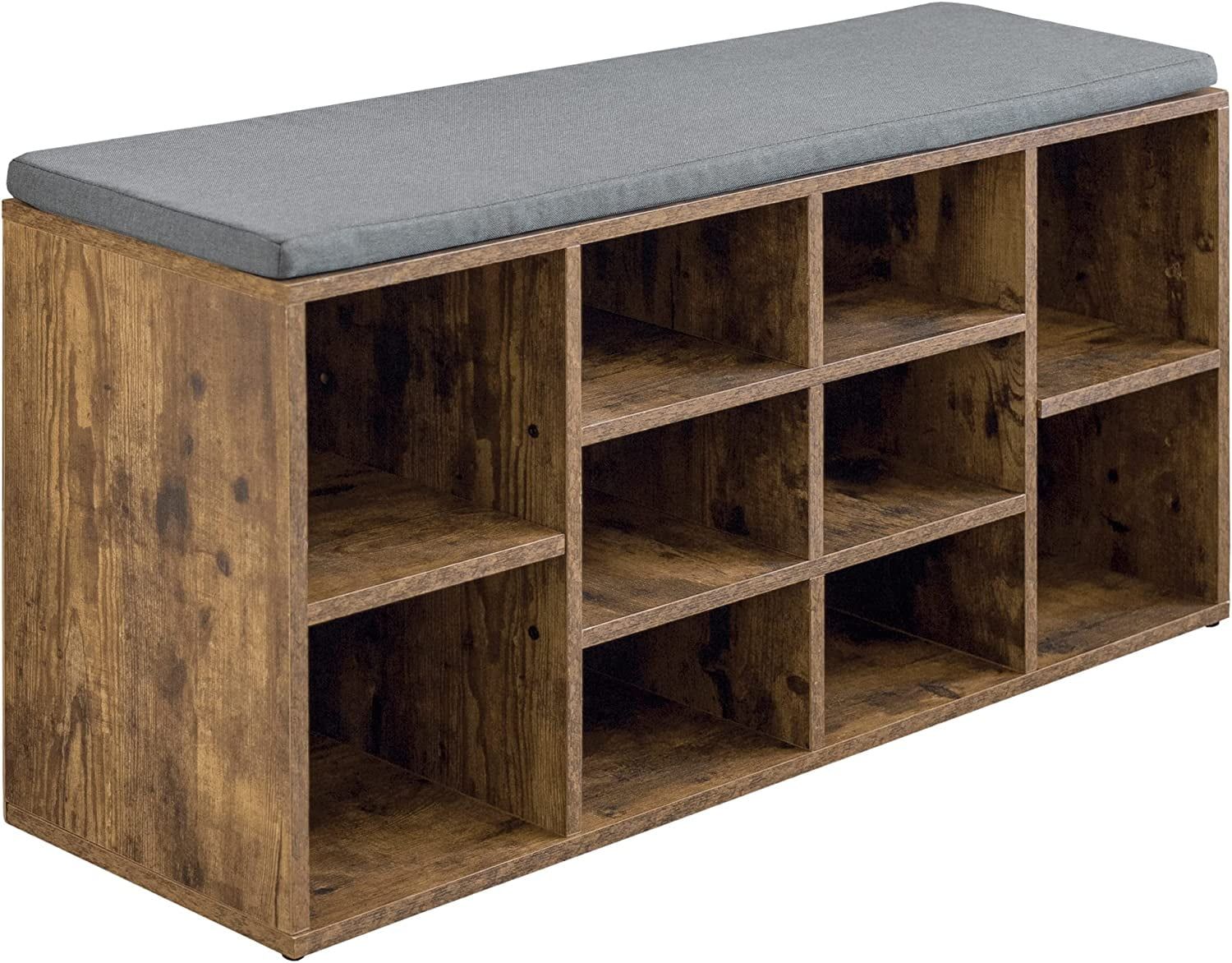 Rustic Brown Particleboard Shoe Storage Bench with Gray Cushion