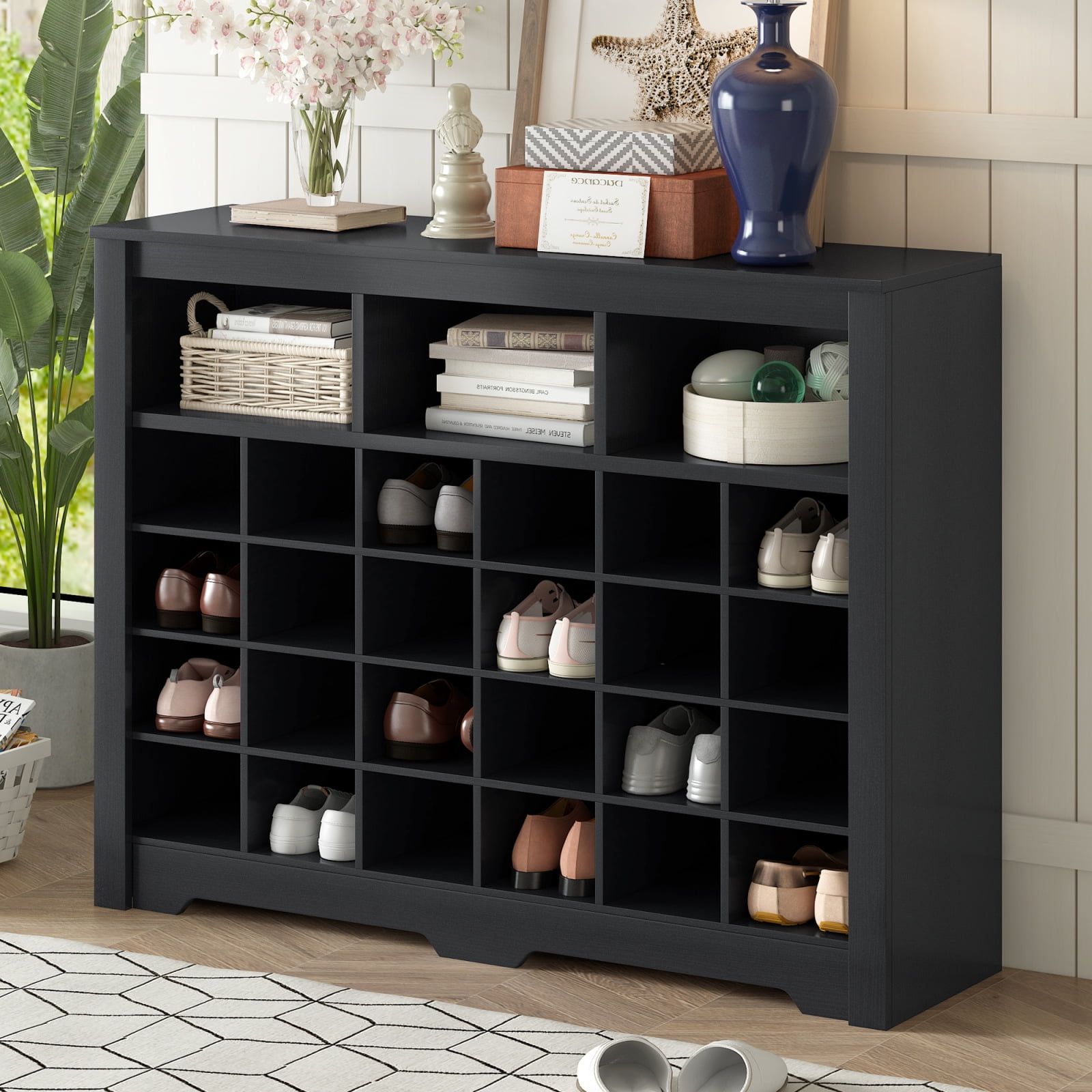 Black 24-Pair Modern MDF and Particleboard Shoe Cabinet