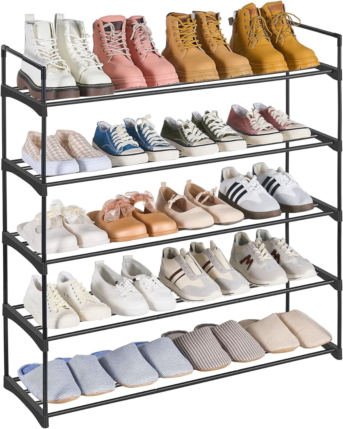 Black 5-Tier Metal and Fabric Shoe Rack Organizer