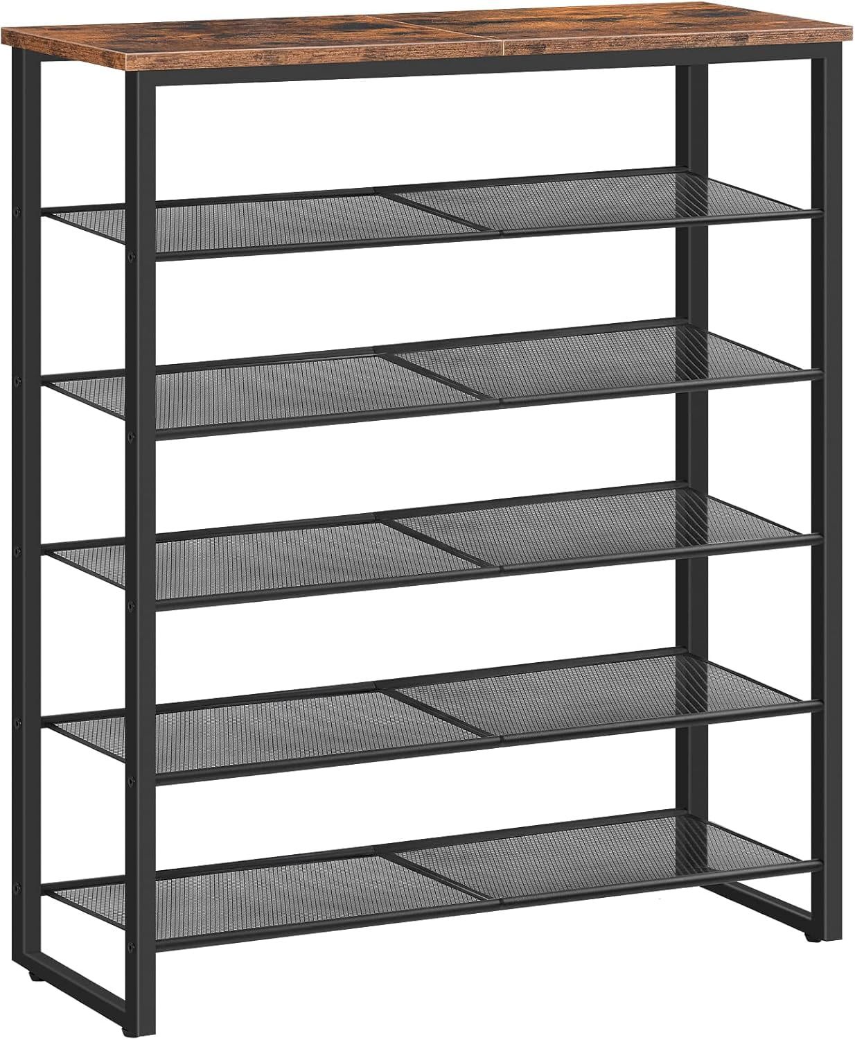 Rustic Brown and Black 6-Tier Metal and Particleboard Shoe Rack