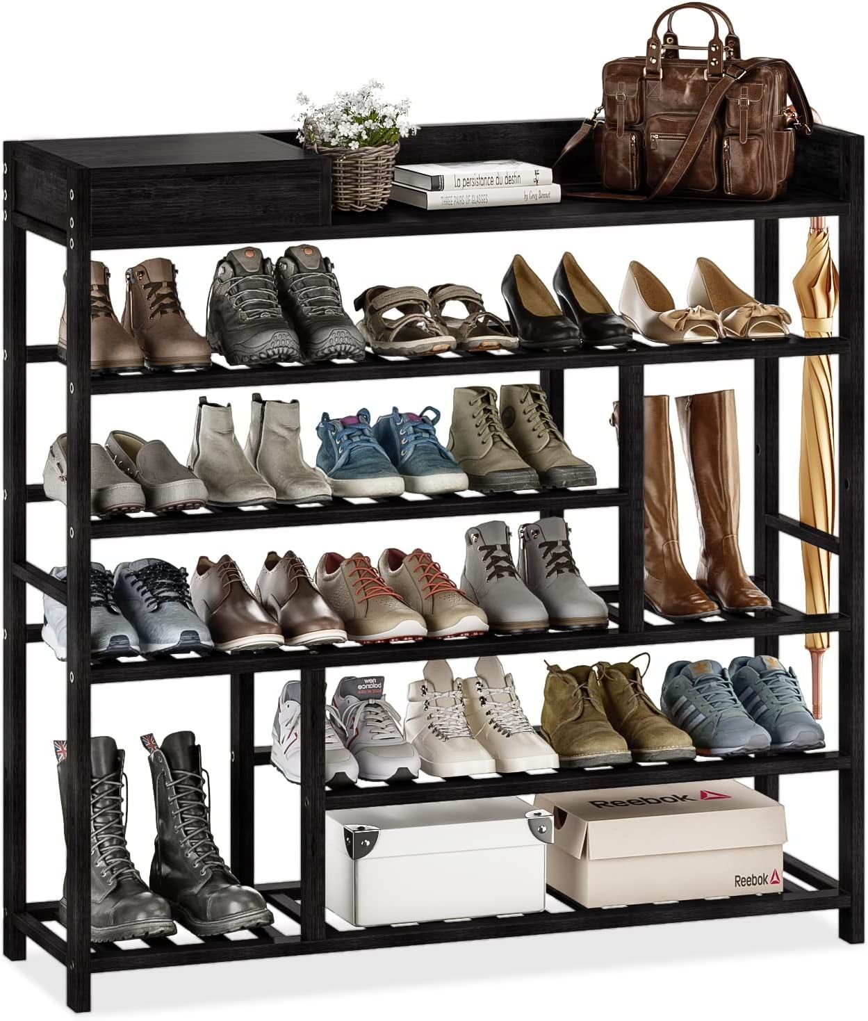 Black Bamboo Adjustable 6-Shelf Shoe Rack with Storage Box