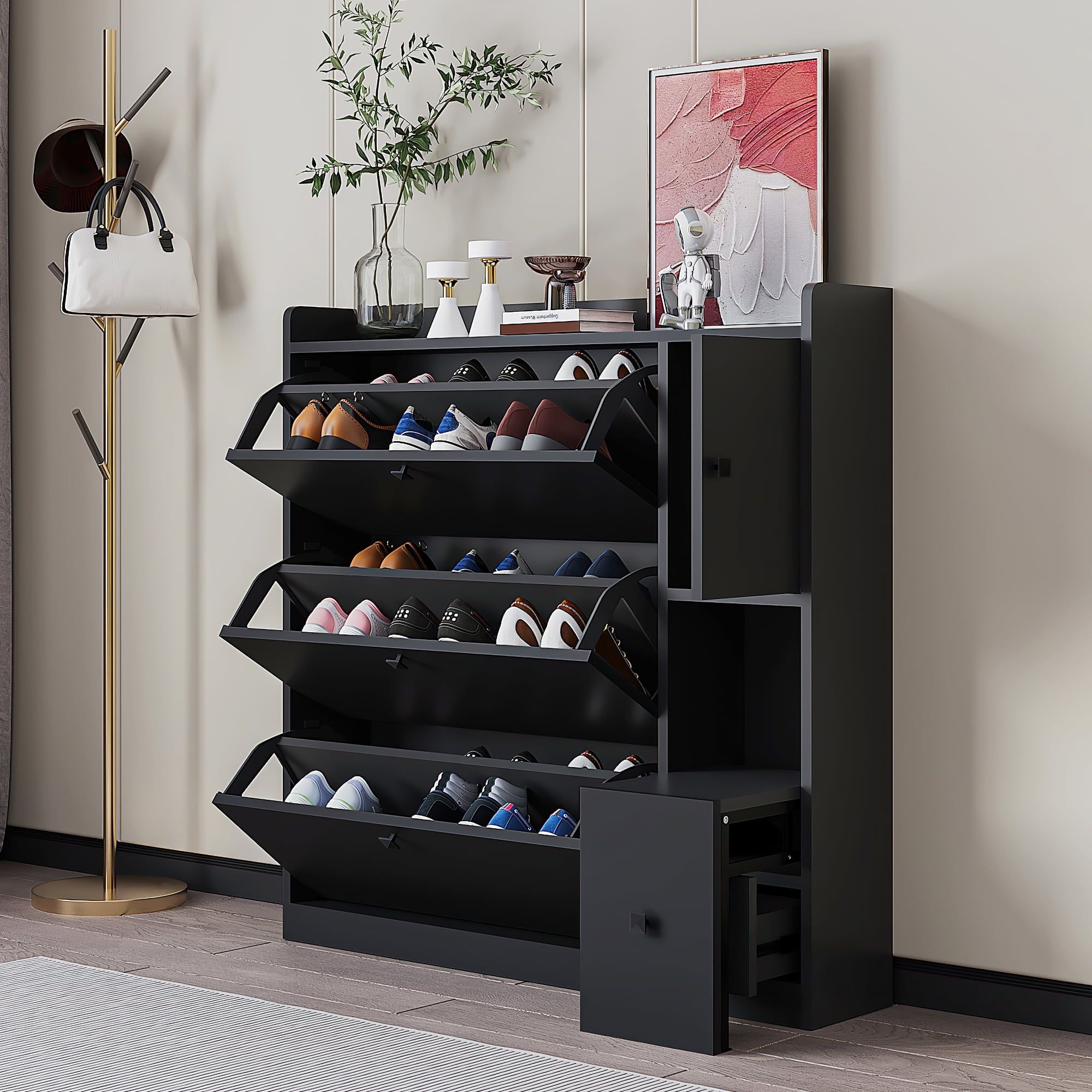 Black MDF and Particle Board Shoe Cabinet with Pull-down Seat and Flip Drawers