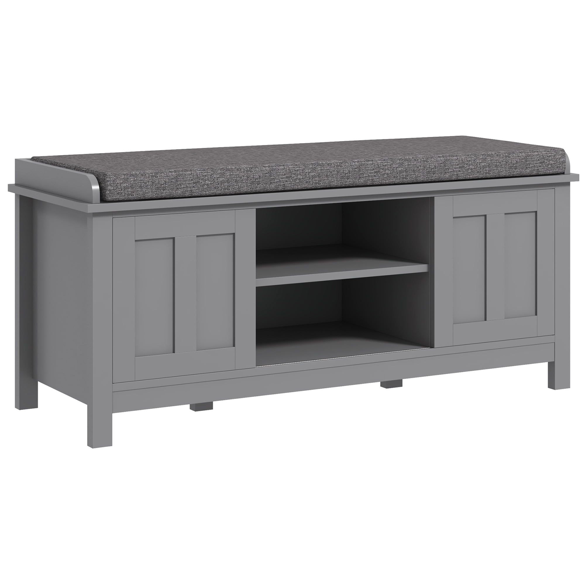 Gray Particleboard Shoe Storage Bench with Cushion and Sliding Doors