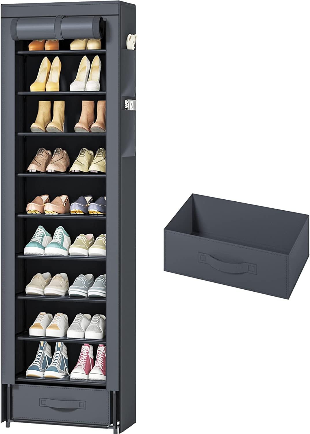 Gray 10-Tier Stackable Metal Shoe Rack with Storage Bin