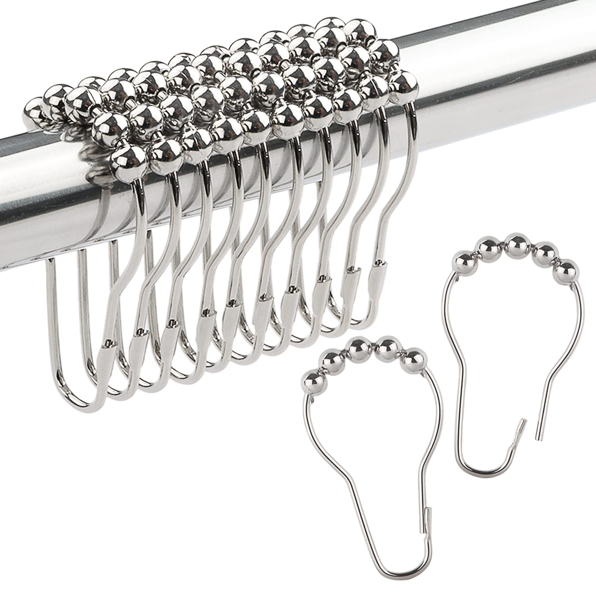 Silver Metal Shower Curtain Hooks with Rolling Balls, Set of 12