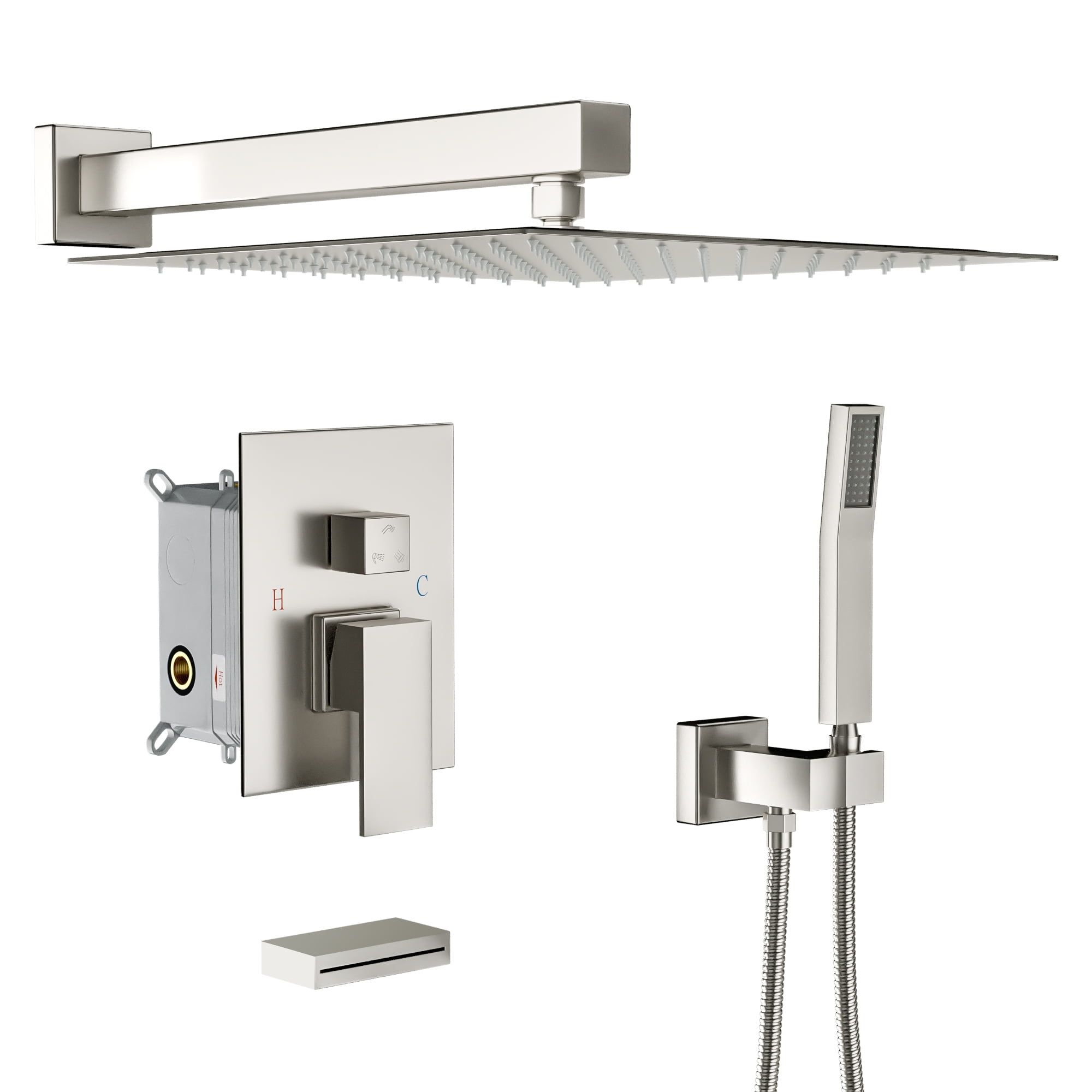 Brushed Nickel Large Square Multi-Head Wall Mounted Shower System