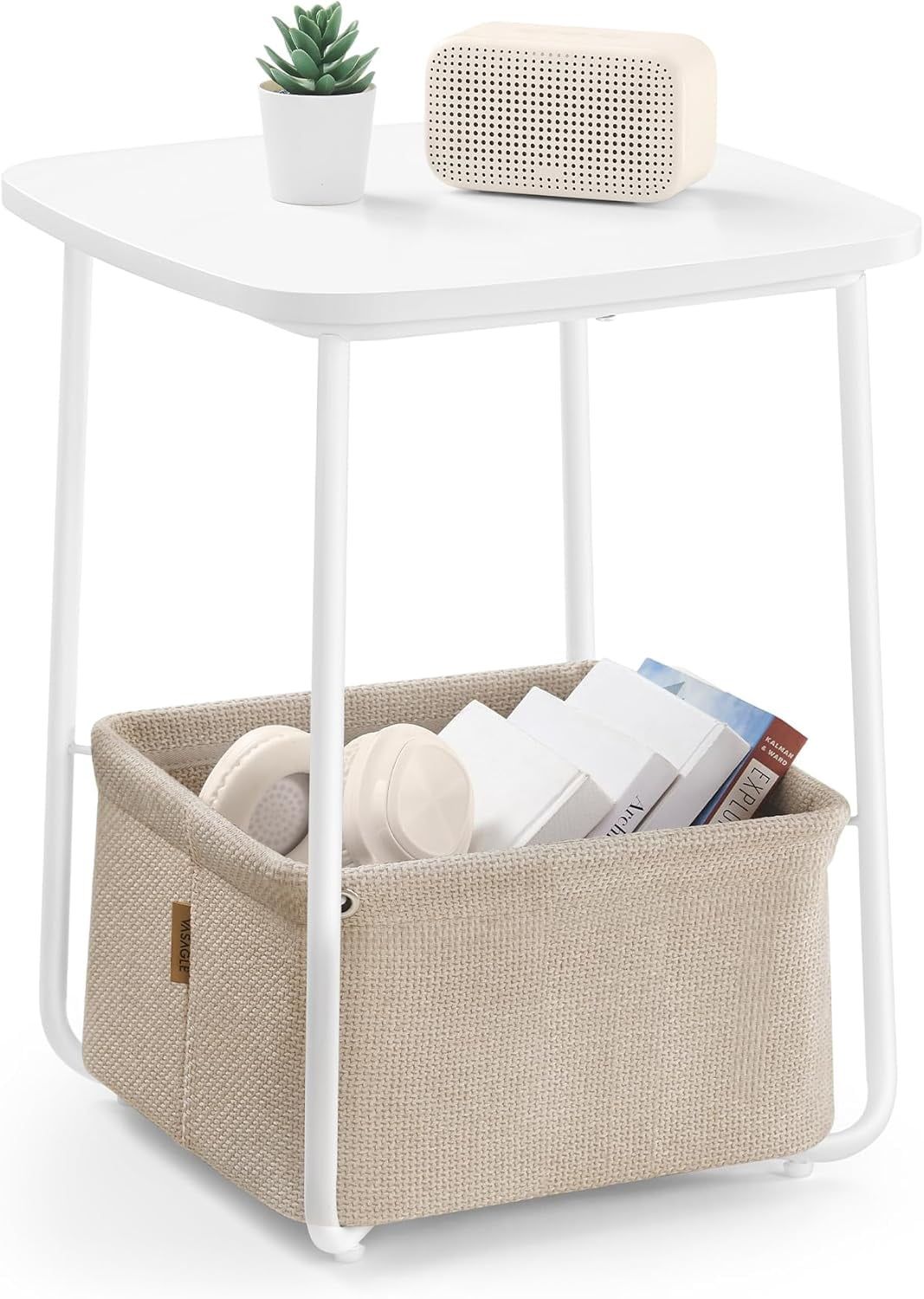 Matte White and Camel Brown Square Nightstand with Fabric Basket