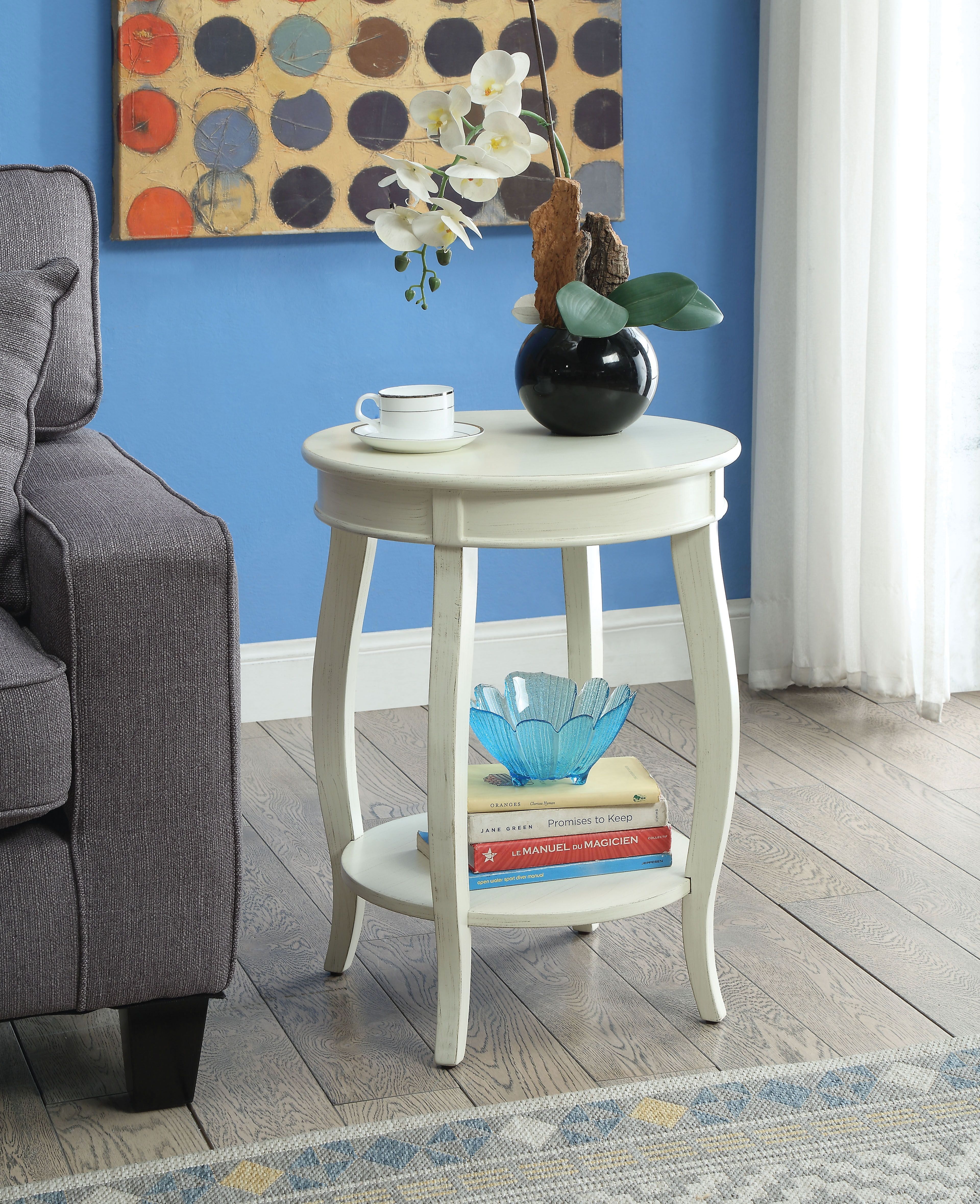 Elegant Antique White Round Wood Side Table with Open Shelf