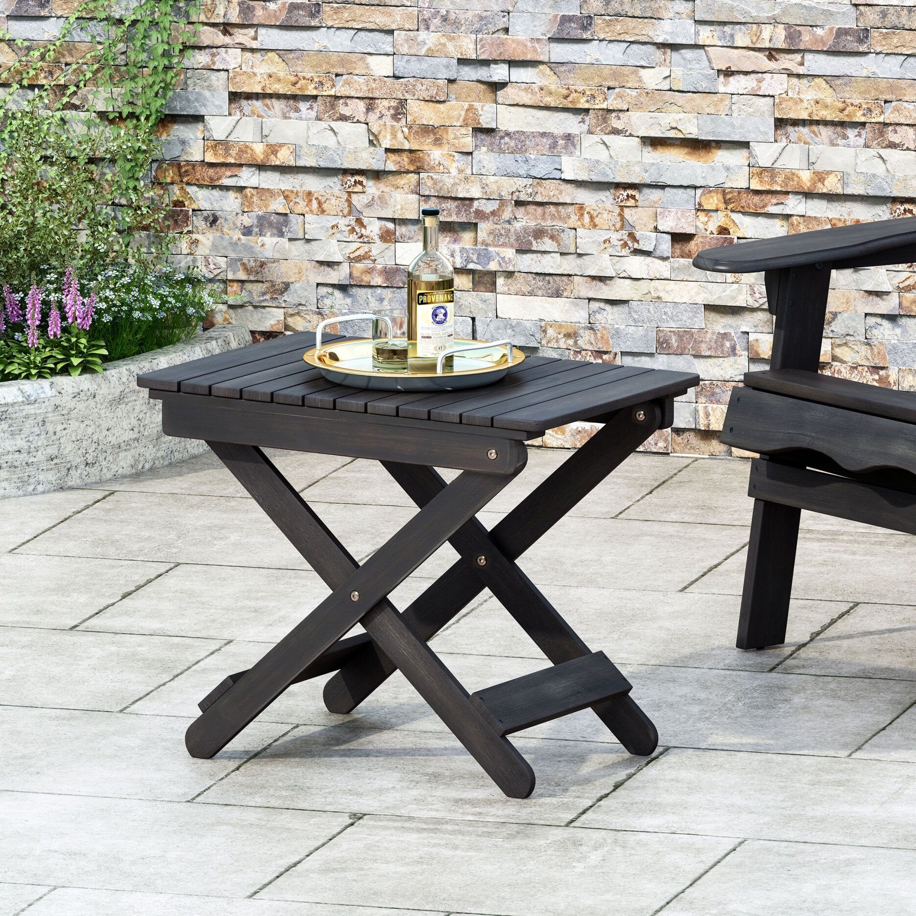 Dark Gray Folding Acacia Wood Outdoor End Table