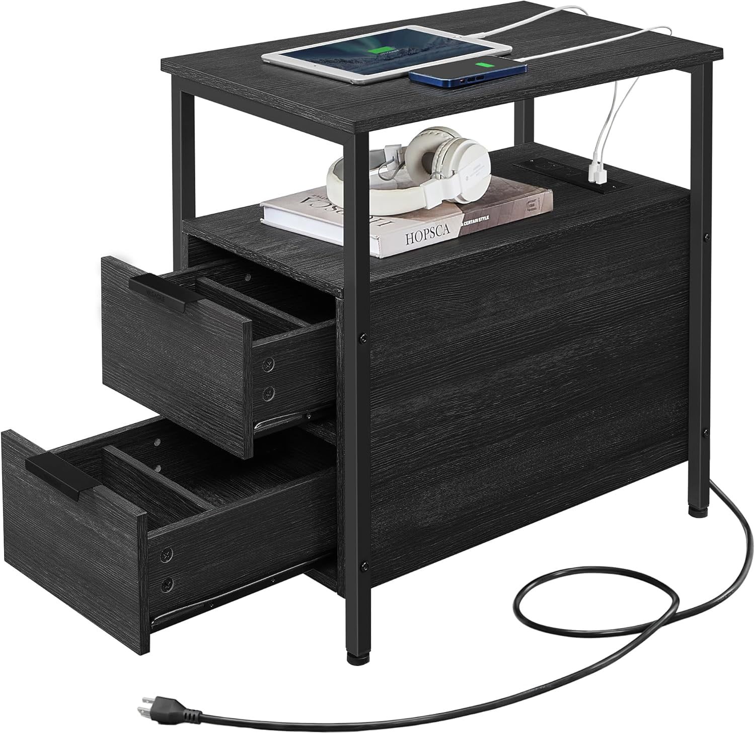 Black Metal and Engineered Wood 2-Drawer Charging Side Table