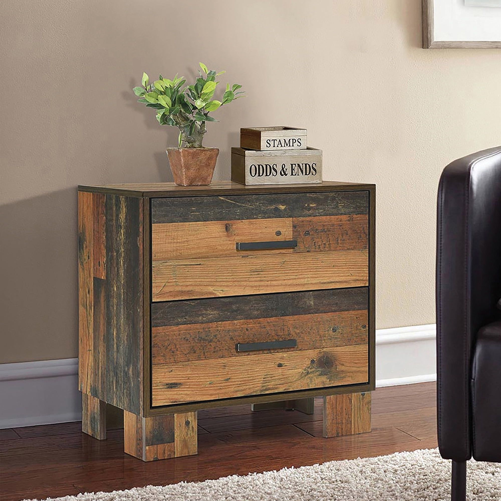 Rustic Pine and Gray 2-Drawer Nightstand with Dark Bronze Hardware