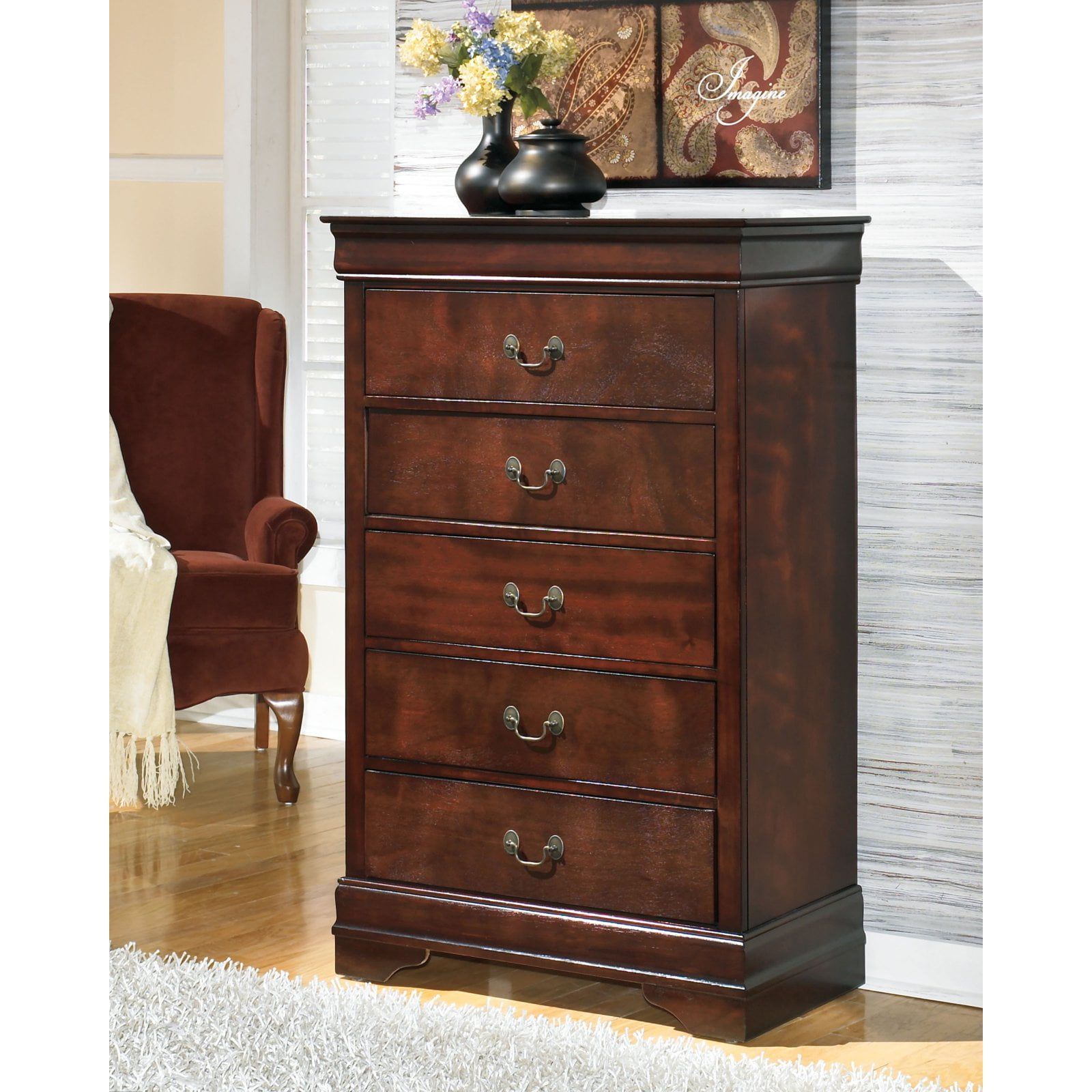 Warm Dark Brown 5-Drawer Chest with Antique Bronze Hardware