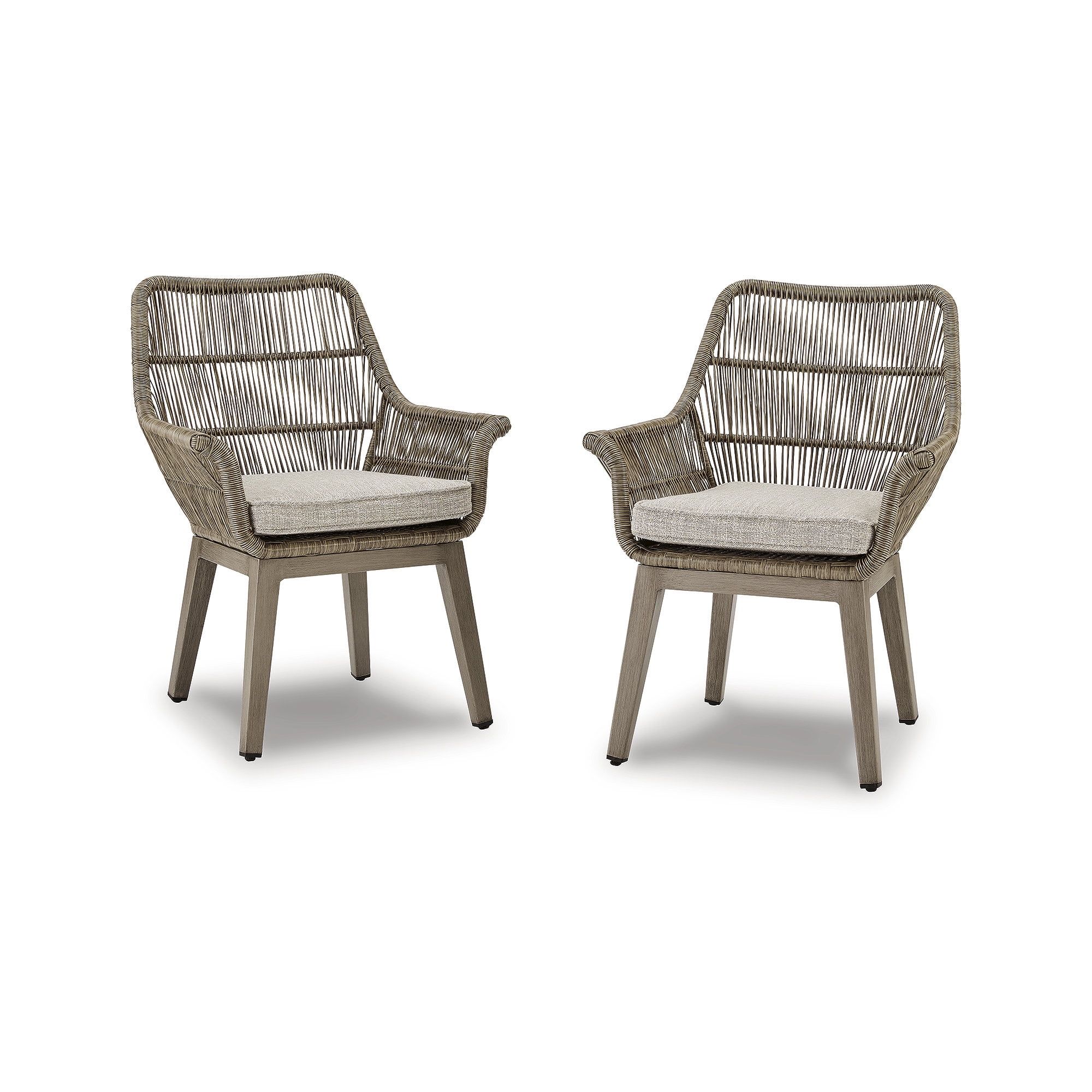 Beige Wicker Outdoor Arm Chairs with Cushions, Set of 2