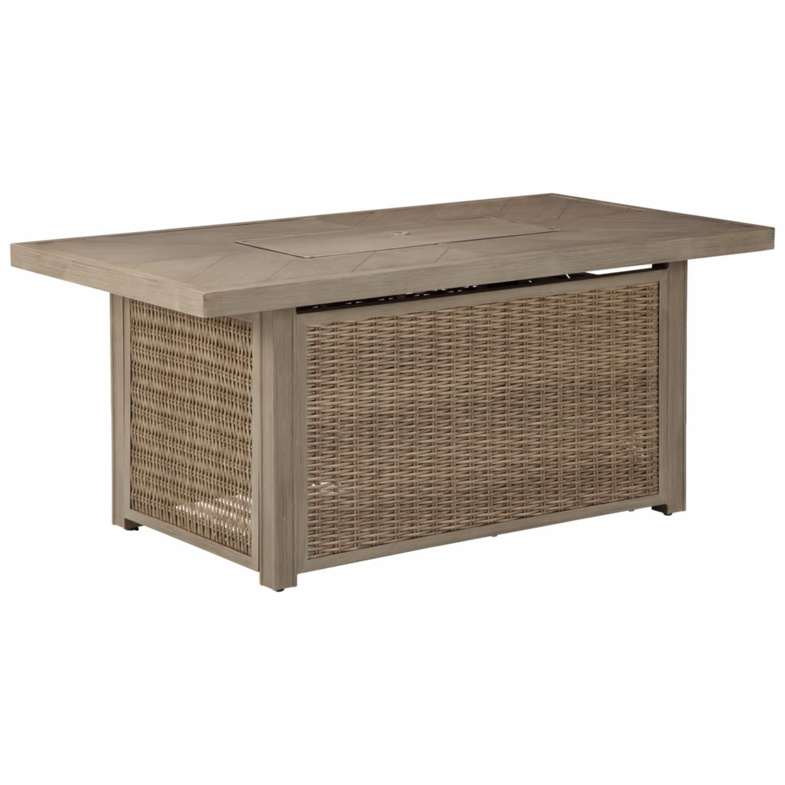 Beachcroft Beige Rectangular Gas Fire Pit Table with Resin Wicker