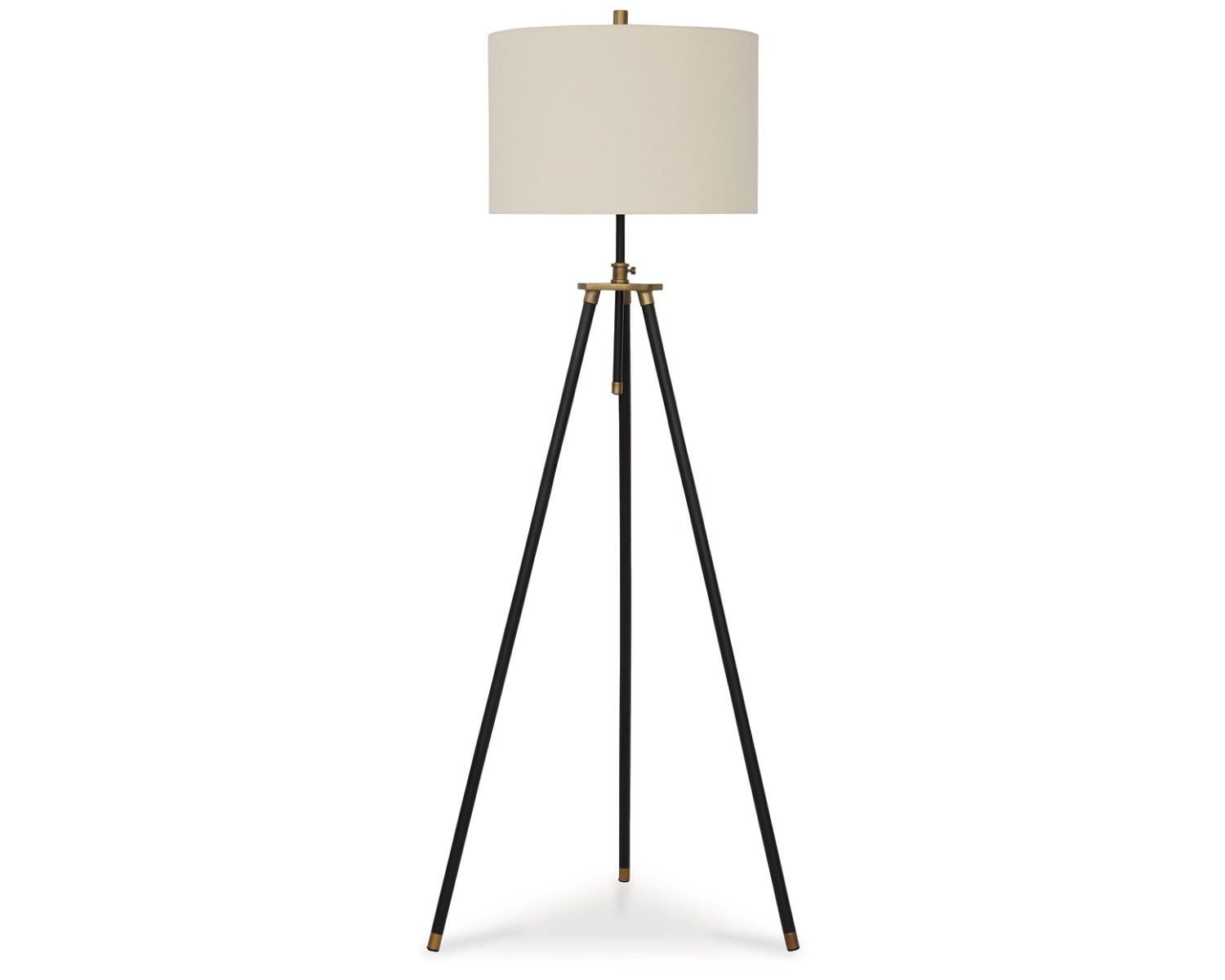 Adjustable Black and Gold Tripod Floor Lamp with Fabric Shade