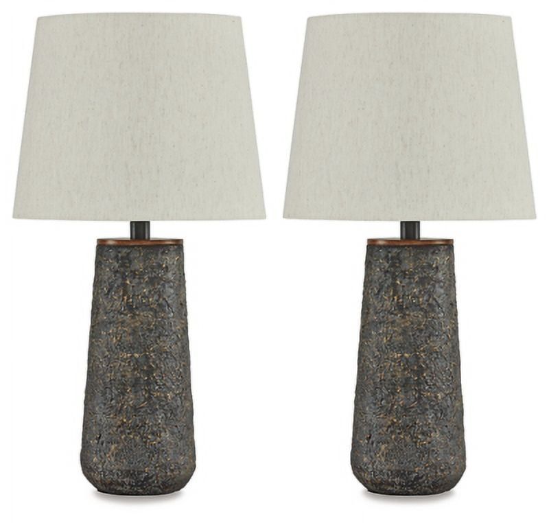 Antique Bronze Textured Table Lamp Set with Fabric Shade